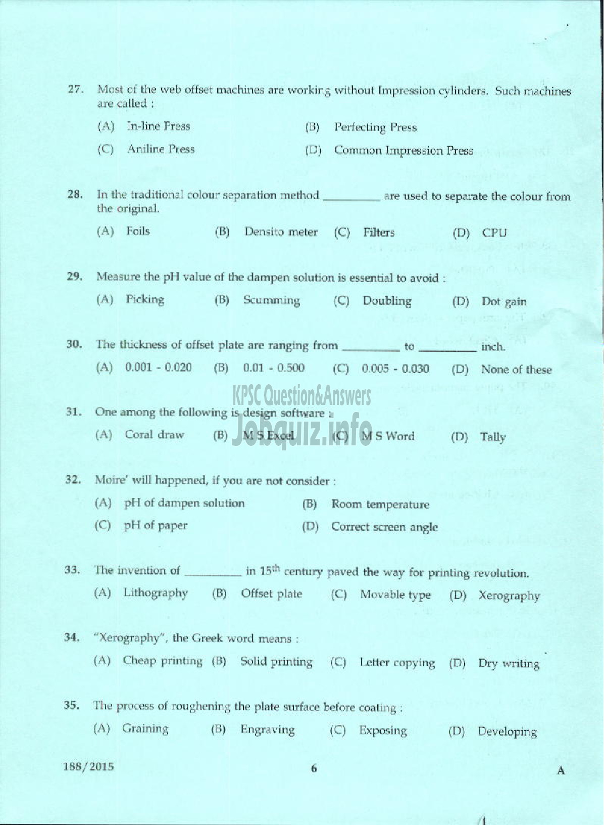 Kerala PSC Question Paper - LABORATORY TECHNICAL ASSISTANT PRINTING TECHNOLOGY VHSE-4