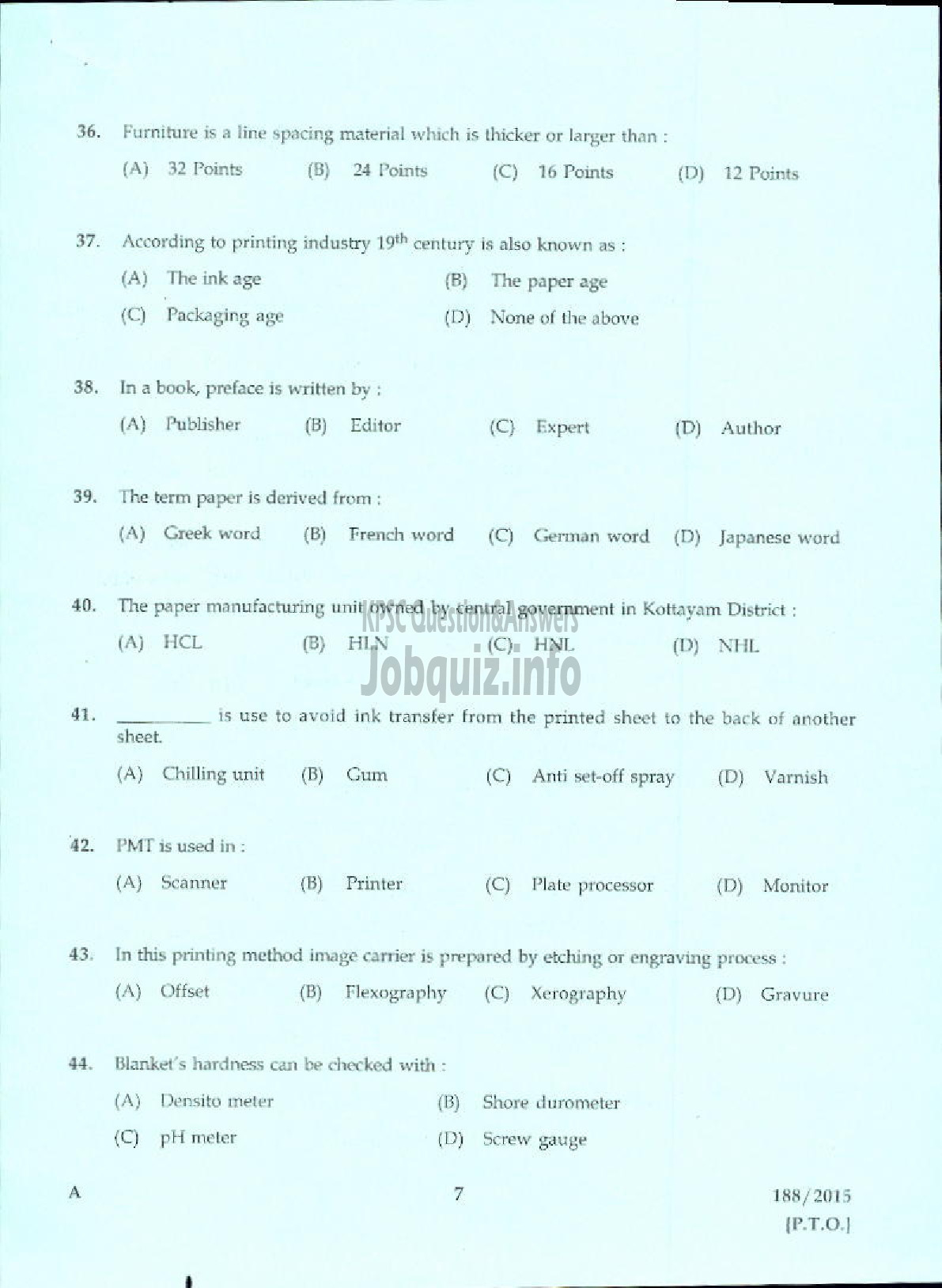 Kerala PSC Question Paper - LABORATORY TECHNICAL ASSISTANT PRINTING TECHNOLOGY VHSE-5