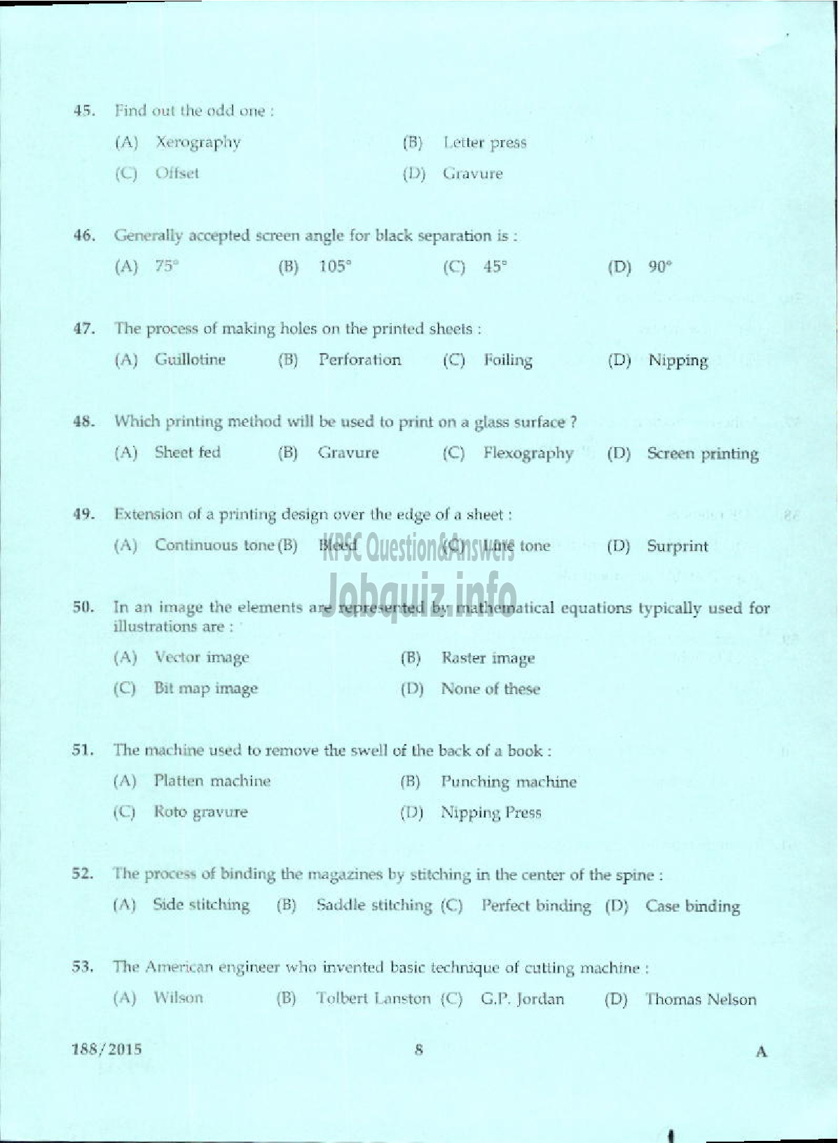 Kerala PSC Question Paper - LABORATORY TECHNICAL ASSISTANT PRINTING TECHNOLOGY VHSE-6