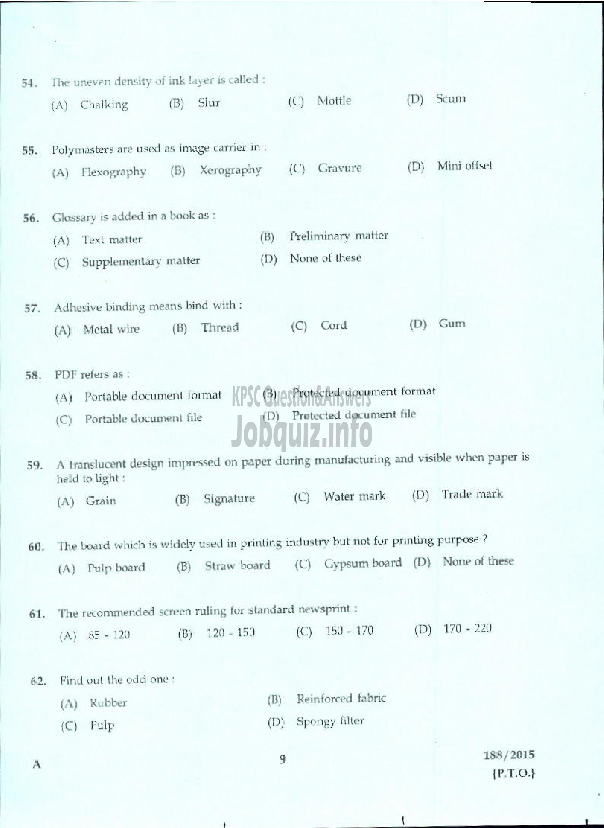 Kerala PSC Question Paper - LABORATORY TECHNICAL ASSISTANT PRINTING TECHNOLOGY VHSE-7