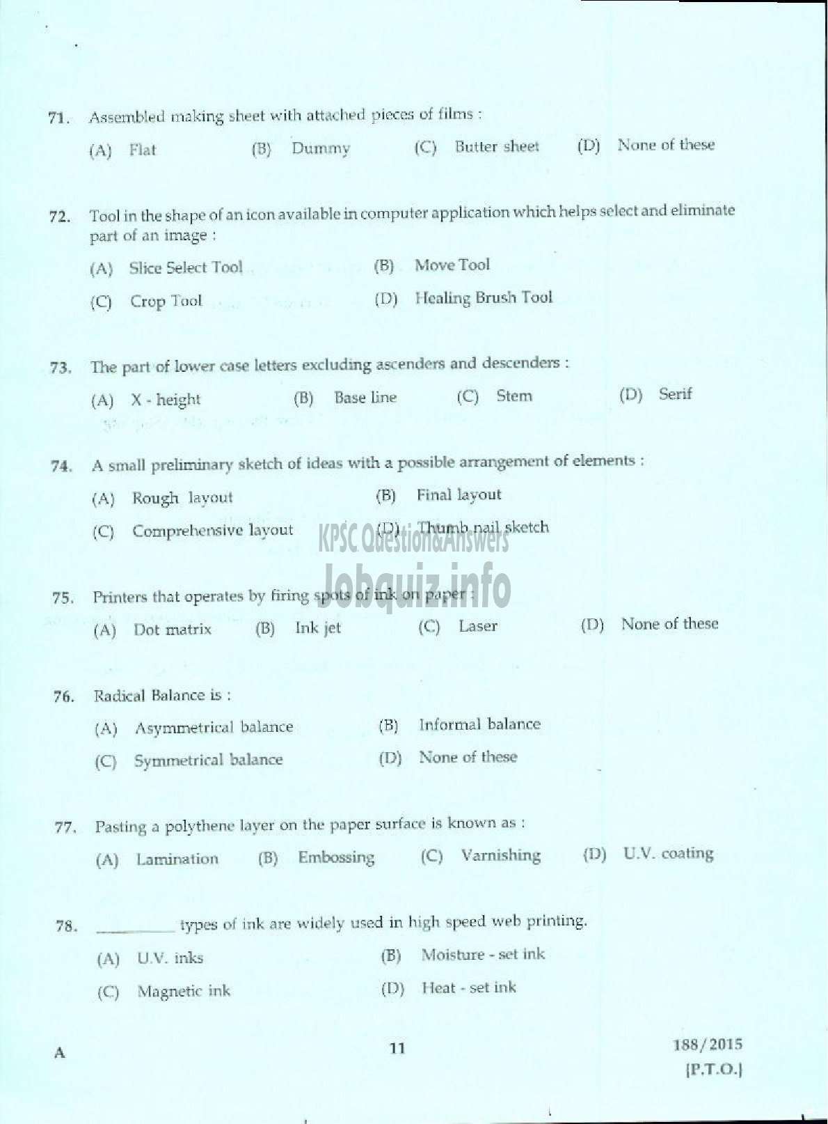 Kerala PSC Question Paper - LABORATORY TECHNICAL ASSISTANT PRINTING TECHNOLOGY VHSE-9