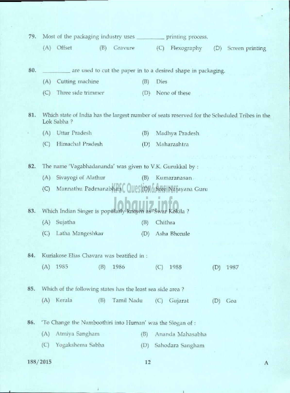 Kerala PSC Question Paper - LABORATORY TECHNICAL ASSISTANT PRINTING TECHNOLOGY VHSE-10