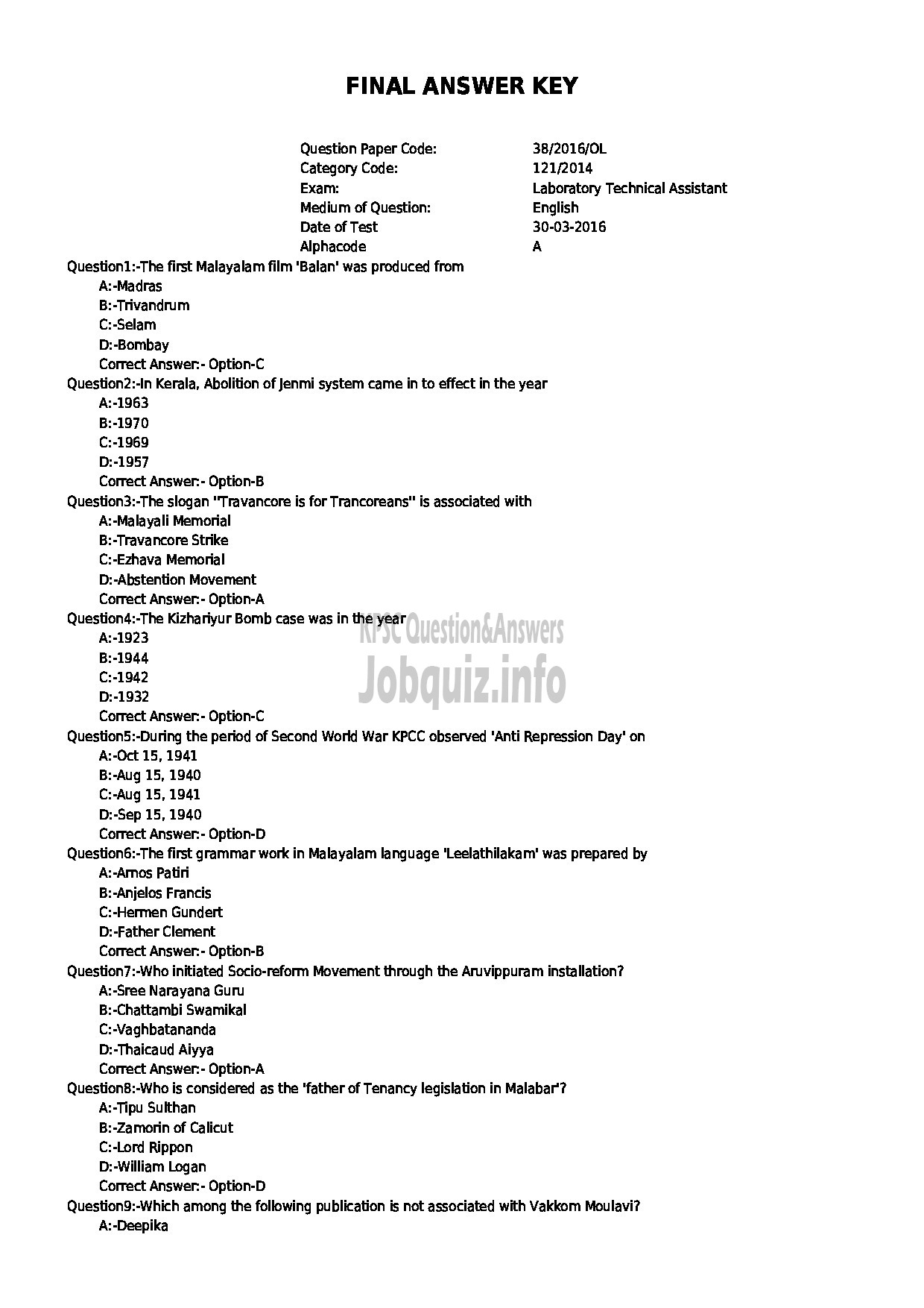 Kerala PSC Question Paper - LABORATORY TECHNICAL ASSISTANT RUBBER TECHNOLOGY KVHSE-1