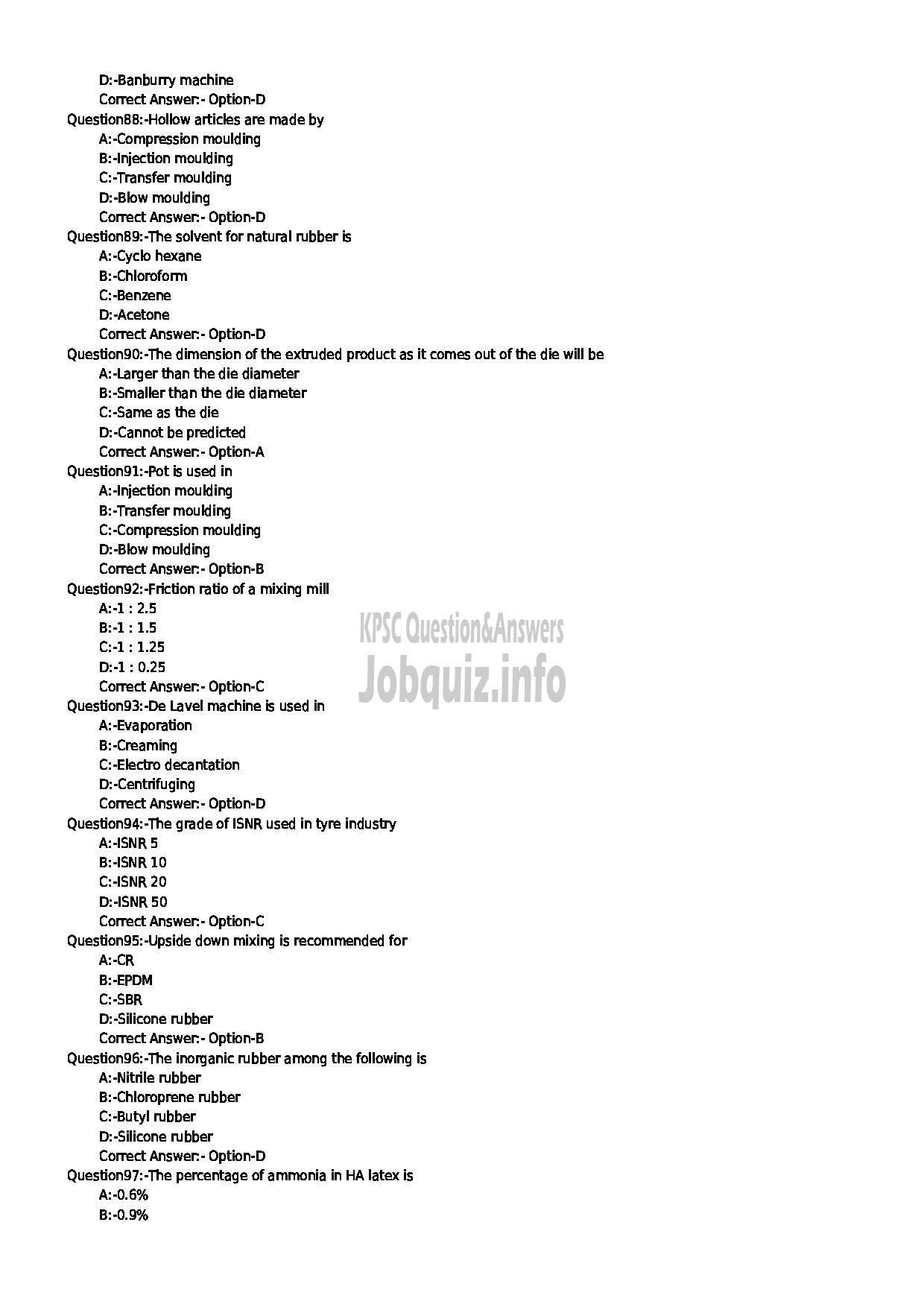 Kerala PSC Question Paper - LABORATORY TECHNICAL ASSISTANT RUBBER TECHNOLOGY KVHSE-10