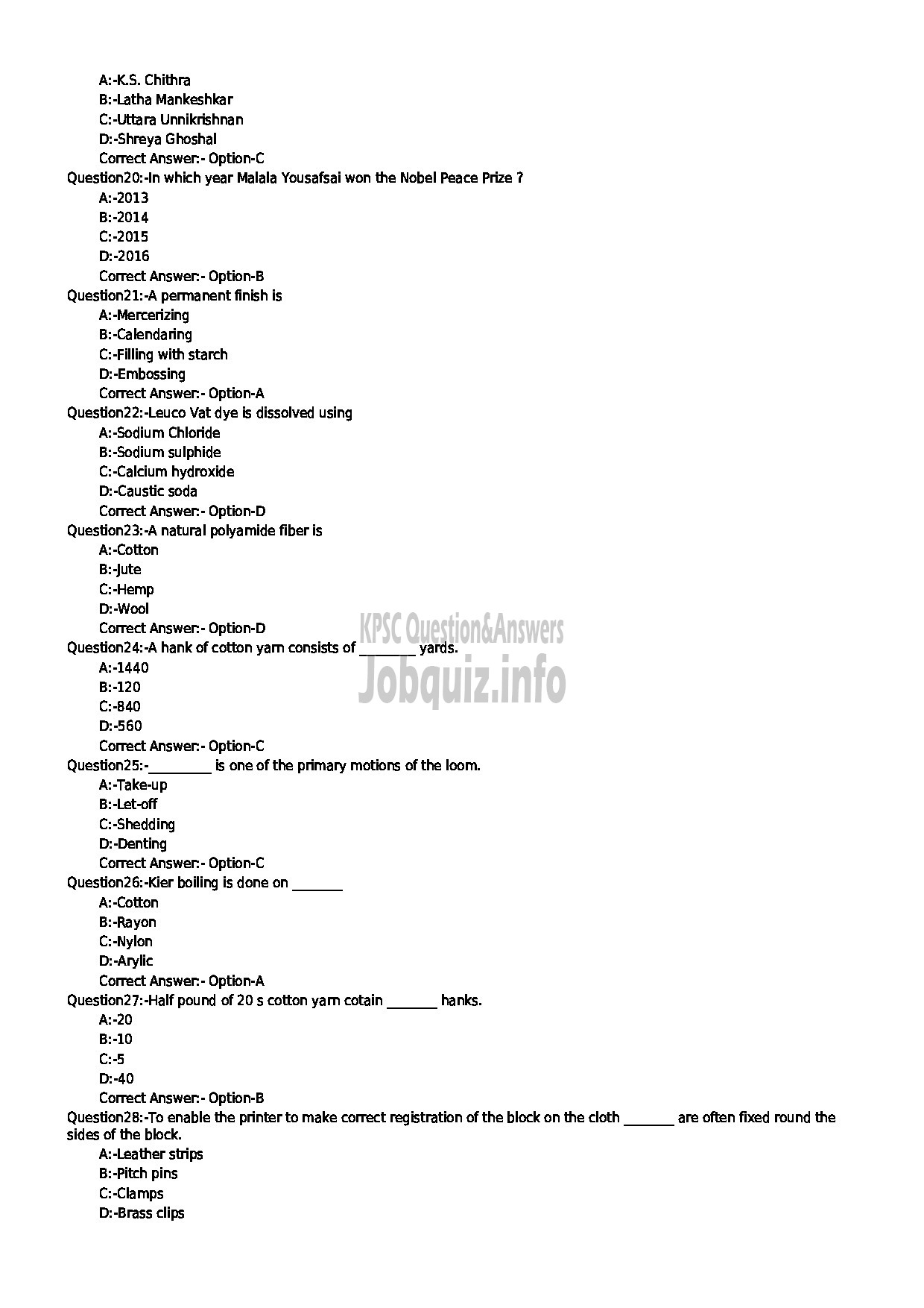 Kerala PSC Question Paper - LABORATORY TECHNICAL ASSISTANT TEXTILE DYEING AND PRINTING-3