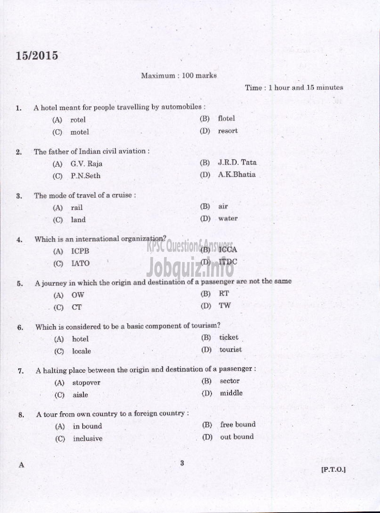 Kerala PSC Question Paper - LABORATORY TECHNICAL ASSISTANT TRAVEL AND TOURISM VHSE-1