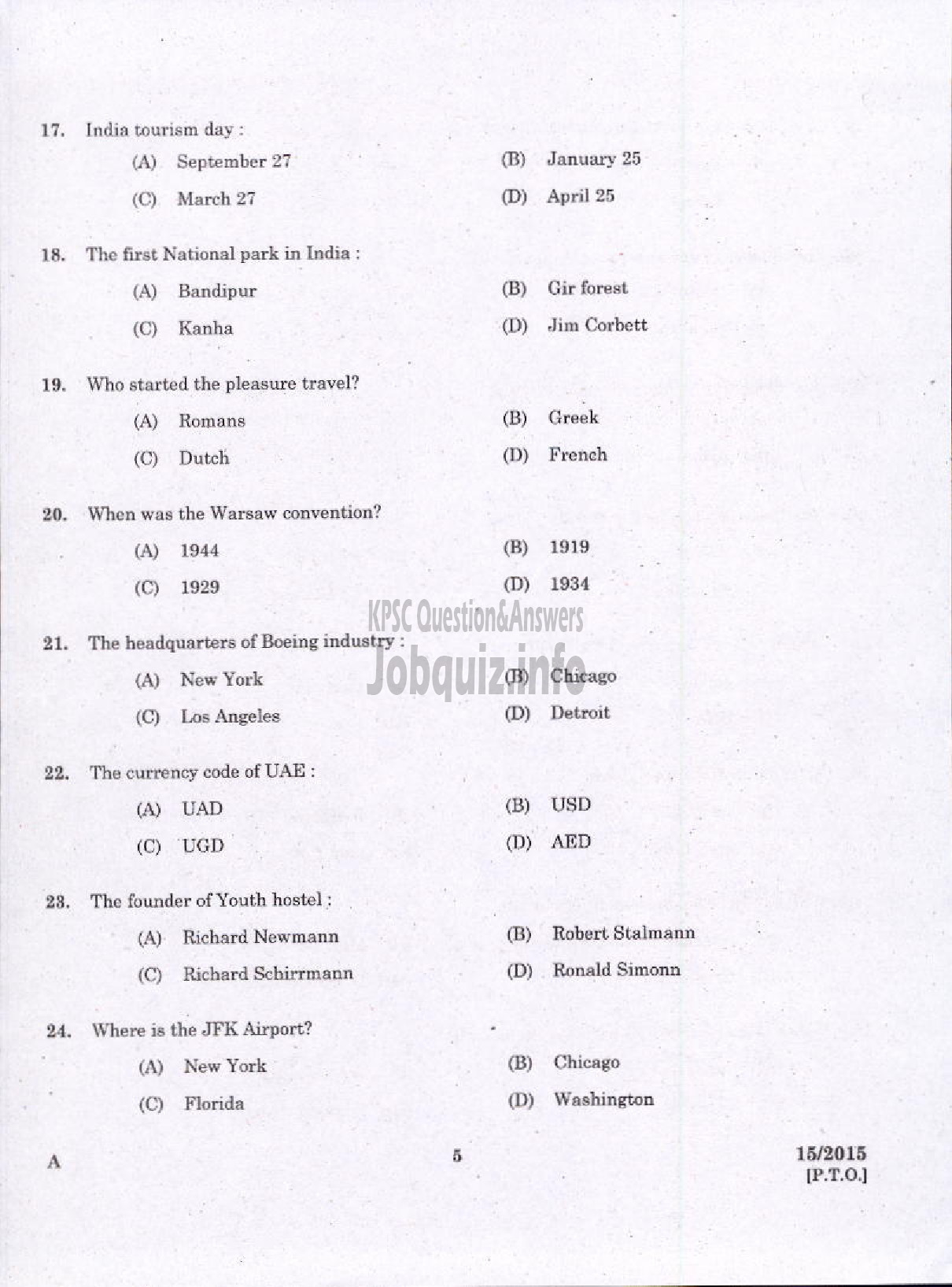 Kerala PSC Question Paper - LABORATORY TECHNICAL ASSISTANT TRAVEL AND TOURISM VHSE-3