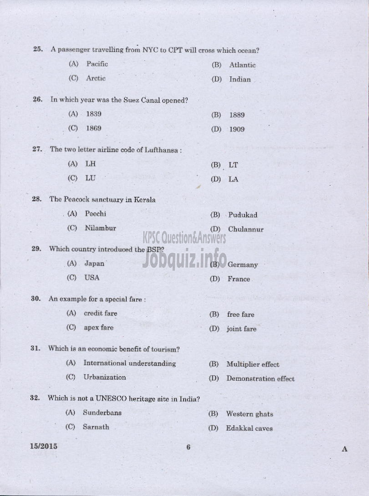 Kerala PSC Question Paper - LABORATORY TECHNICAL ASSISTANT TRAVEL AND TOURISM VHSE-4