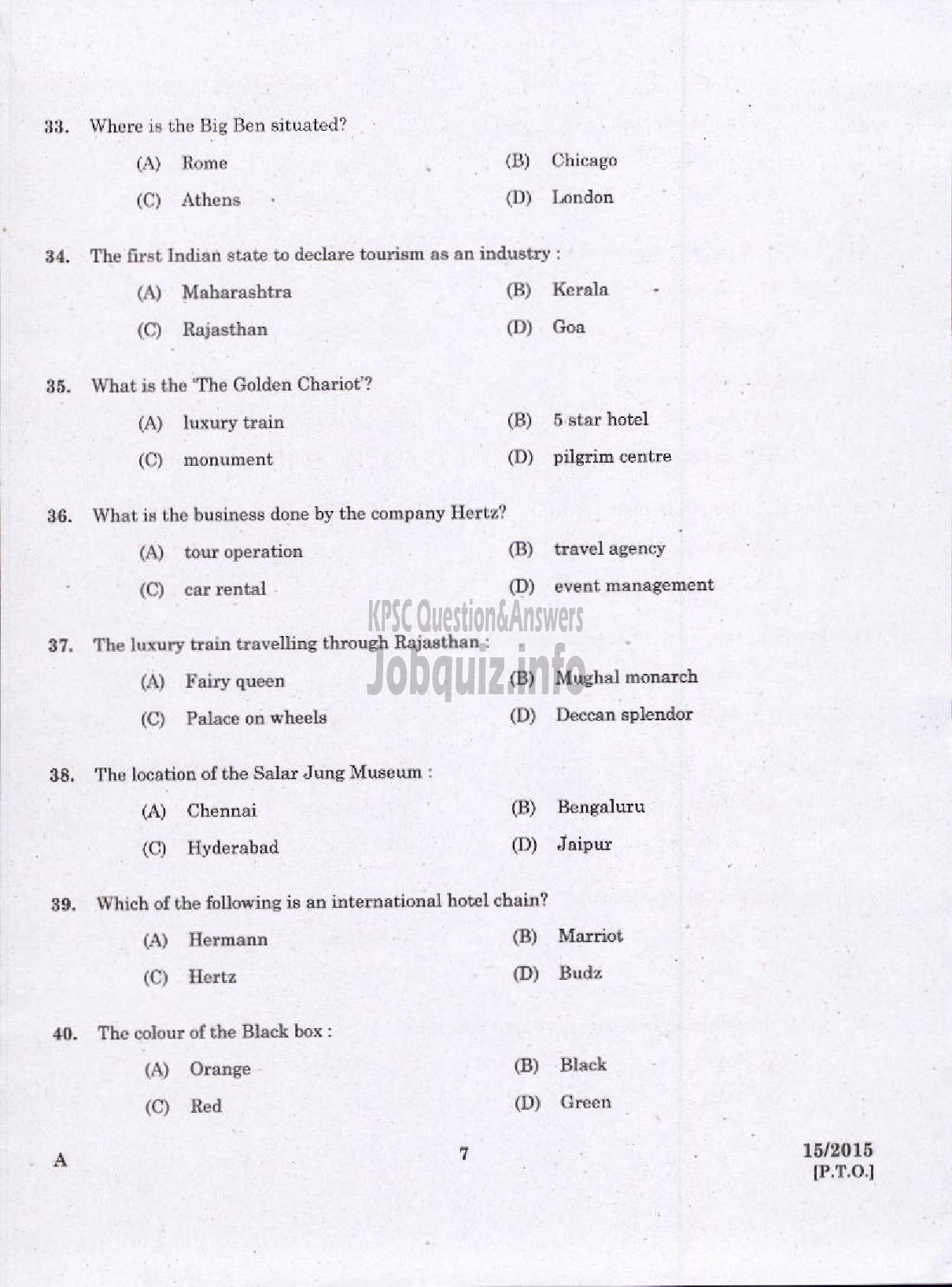 Kerala PSC Question Paper - LABORATORY TECHNICAL ASSISTANT TRAVEL AND TOURISM VHSE-5