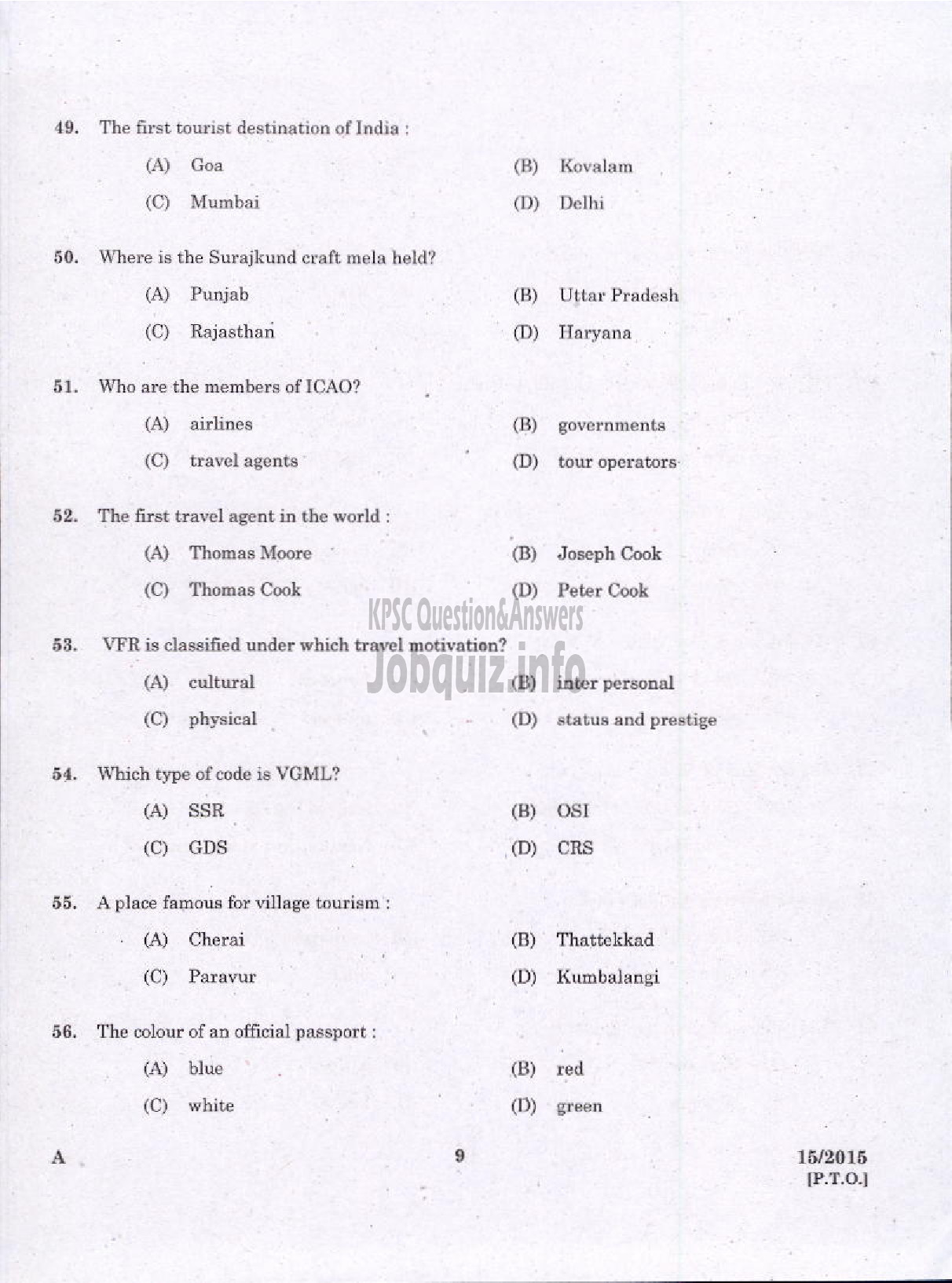 Kerala PSC Question Paper - LABORATORY TECHNICAL ASSISTANT TRAVEL AND TOURISM VHSE-7