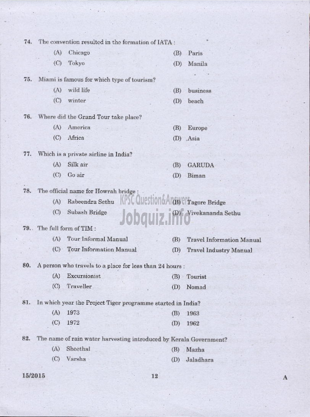 Kerala PSC Question Paper - LABORATORY TECHNICAL ASSISTANT TRAVEL AND TOURISM VHSE-10
