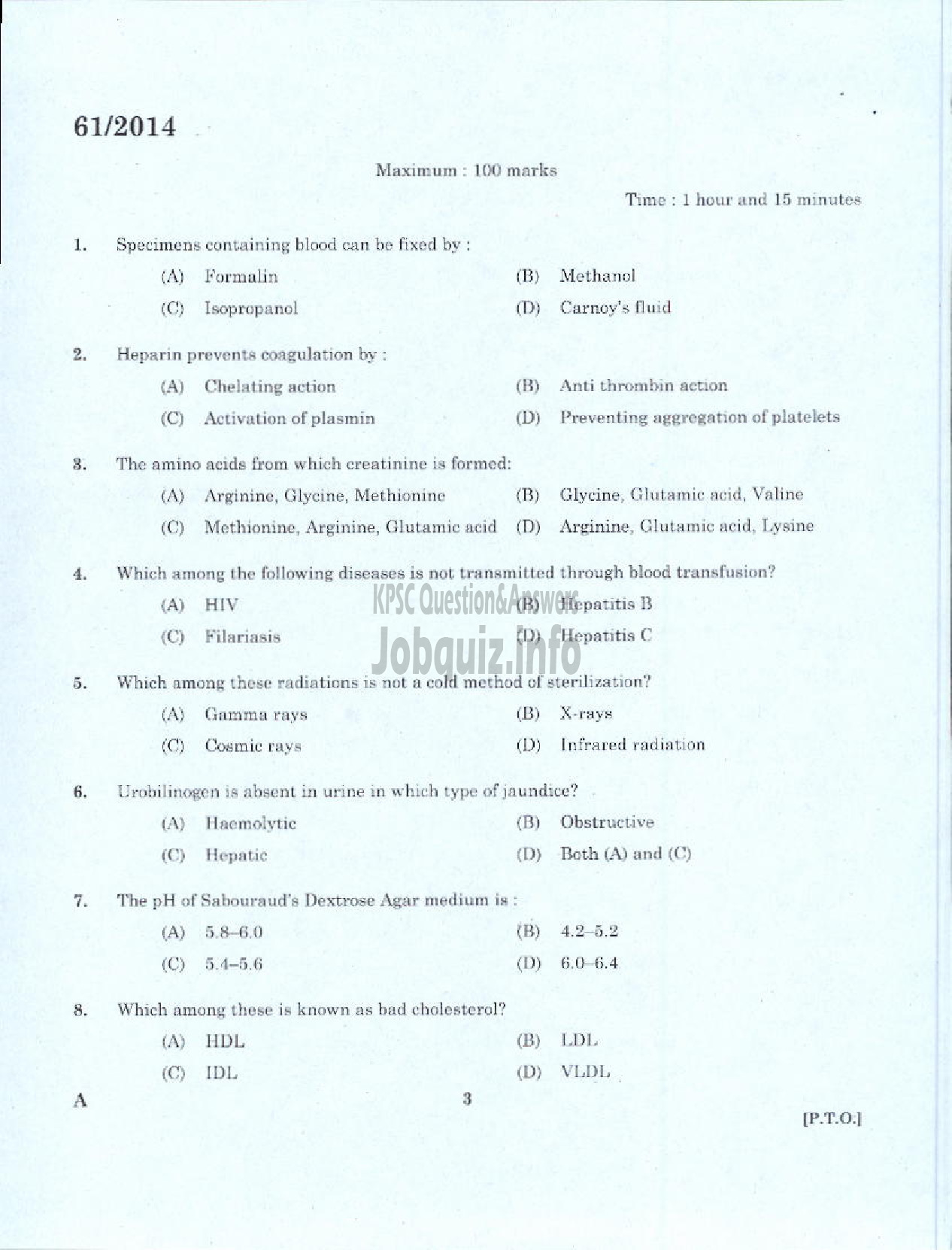 Kerala PSC Question Paper - LABORATORY TECHNICIAN GRADE II AYURVEDA COLLEGE TVPM-1