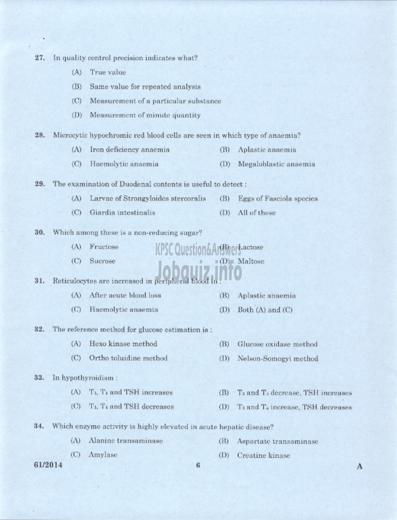 Kerala PSC Question Paper - LABORATORY TECHNICIAN GRADE II AYURVEDA COLLEGE TVPM-4