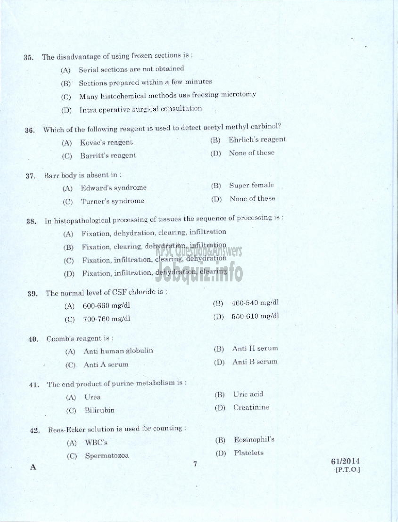 Kerala PSC Question Paper - LABORATORY TECHNICIAN GRADE II AYURVEDA COLLEGE TVPM-5