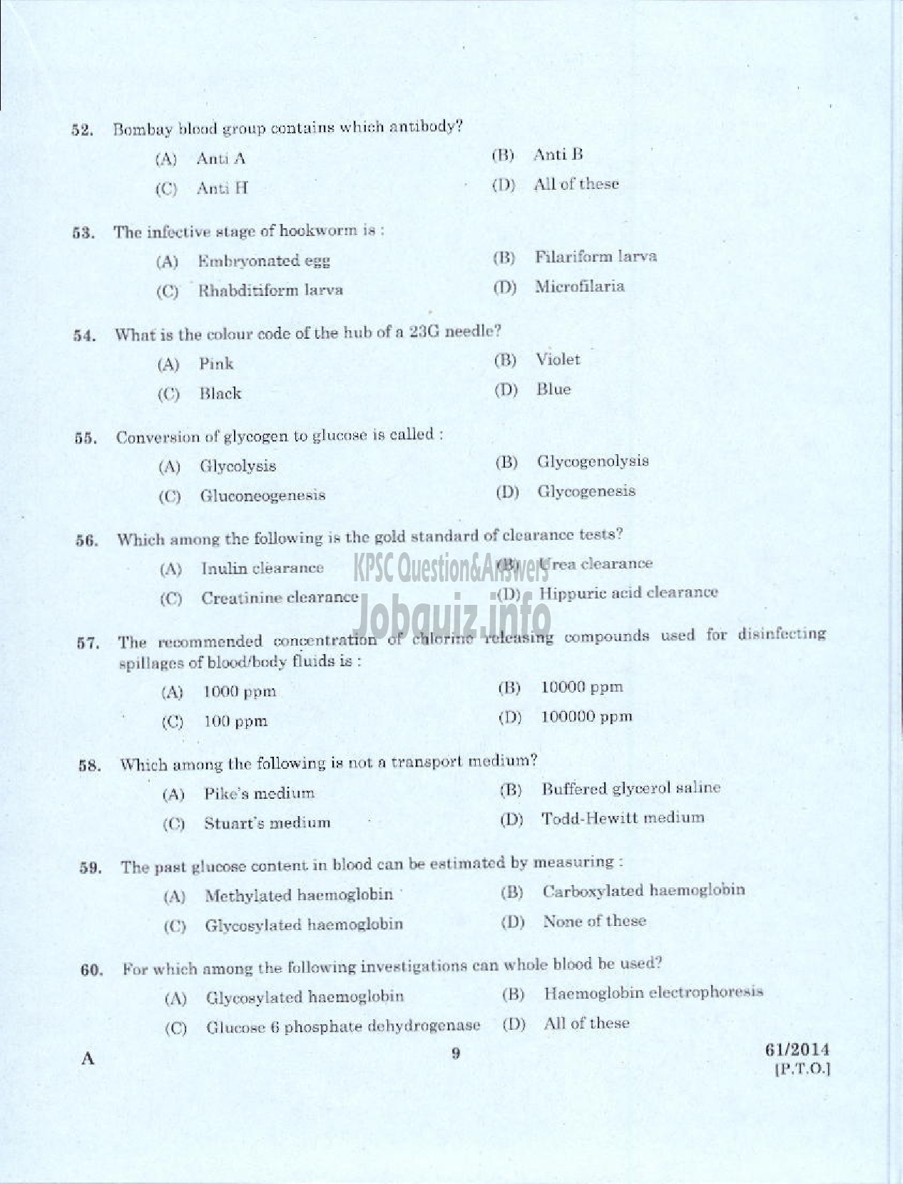 Kerala PSC Question Paper - LABORATORY TECHNICIAN GRADE II AYURVEDA COLLEGE TVPM-7