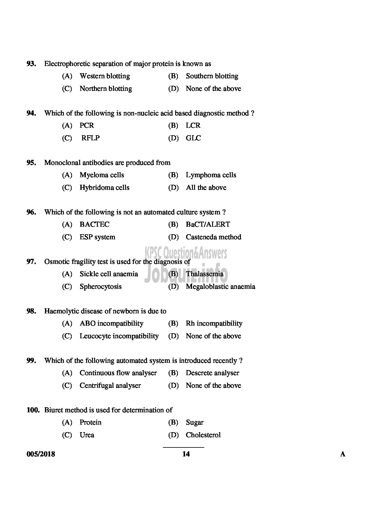 Kerala PSC Question Paper - LABORATORY TECHNICIAN GRADE II SR FROM SC/ST MEDICAL EDUCATION-14