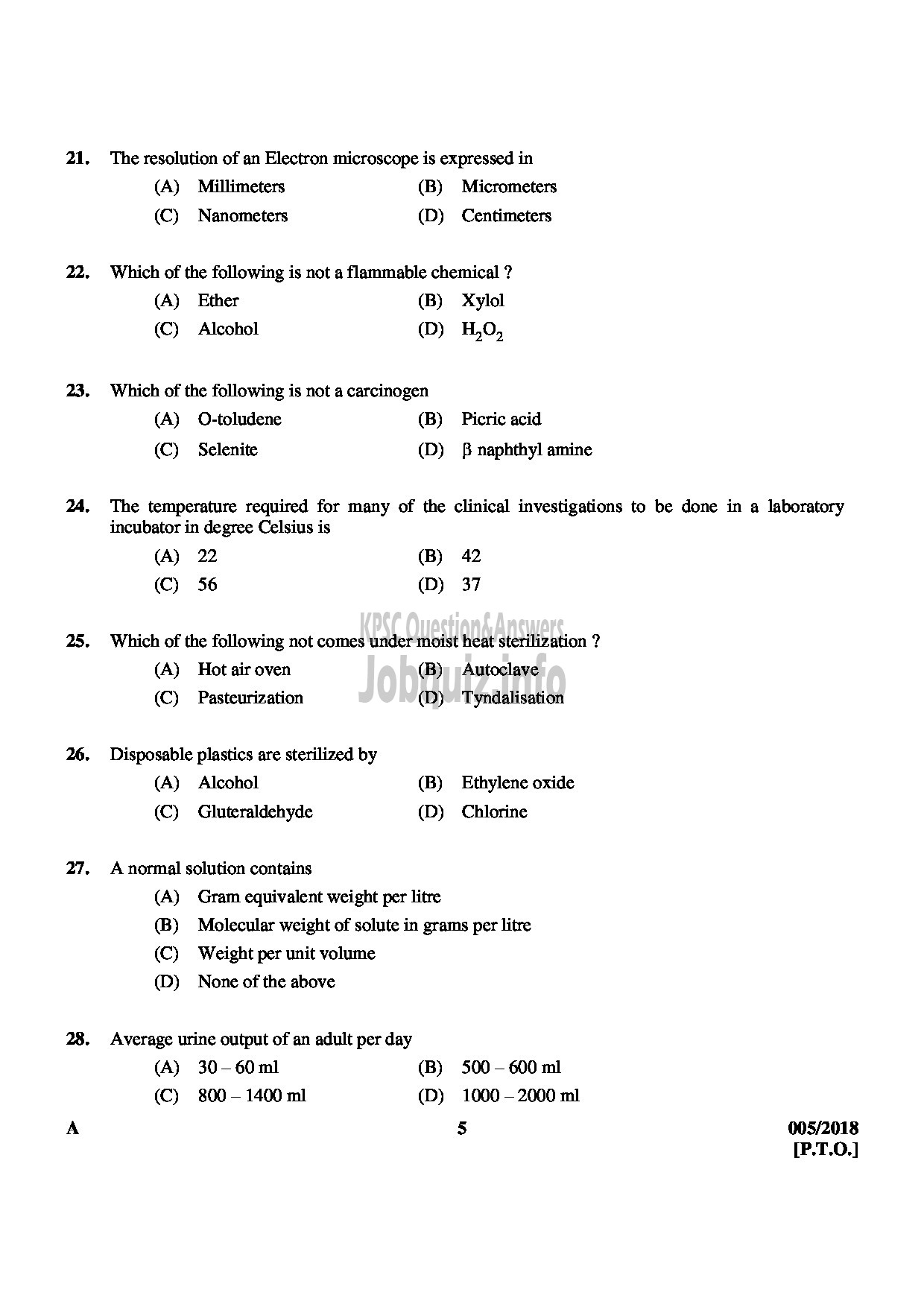 Kerala PSC Question Paper - LABORATORY TECHNICIAN GRADE II SR FROM SC/ST MEDICAL EDUCATION-5