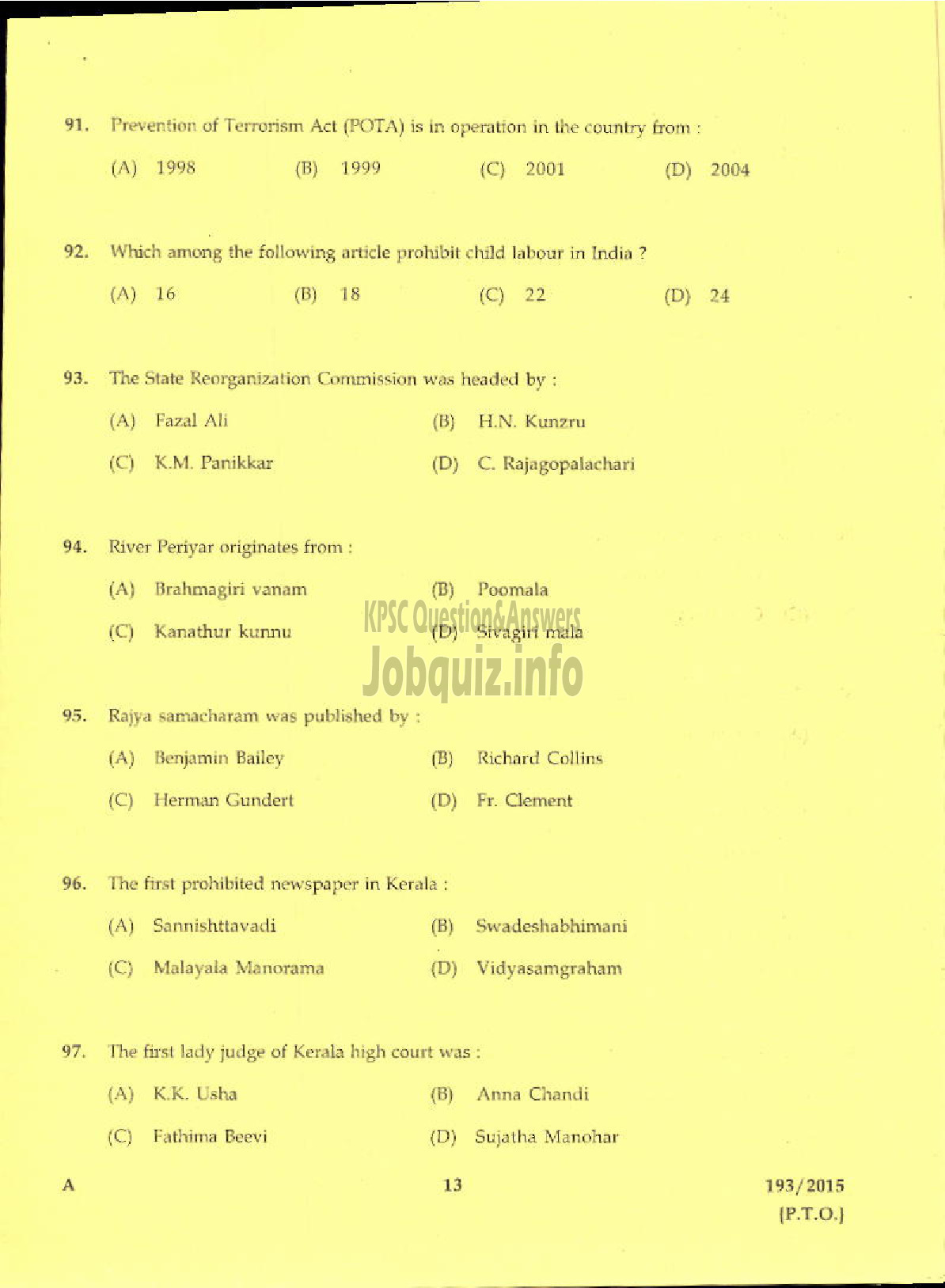 Kerala PSC Question Paper - LABORATORY TECHNICIAN GR II ISM-11