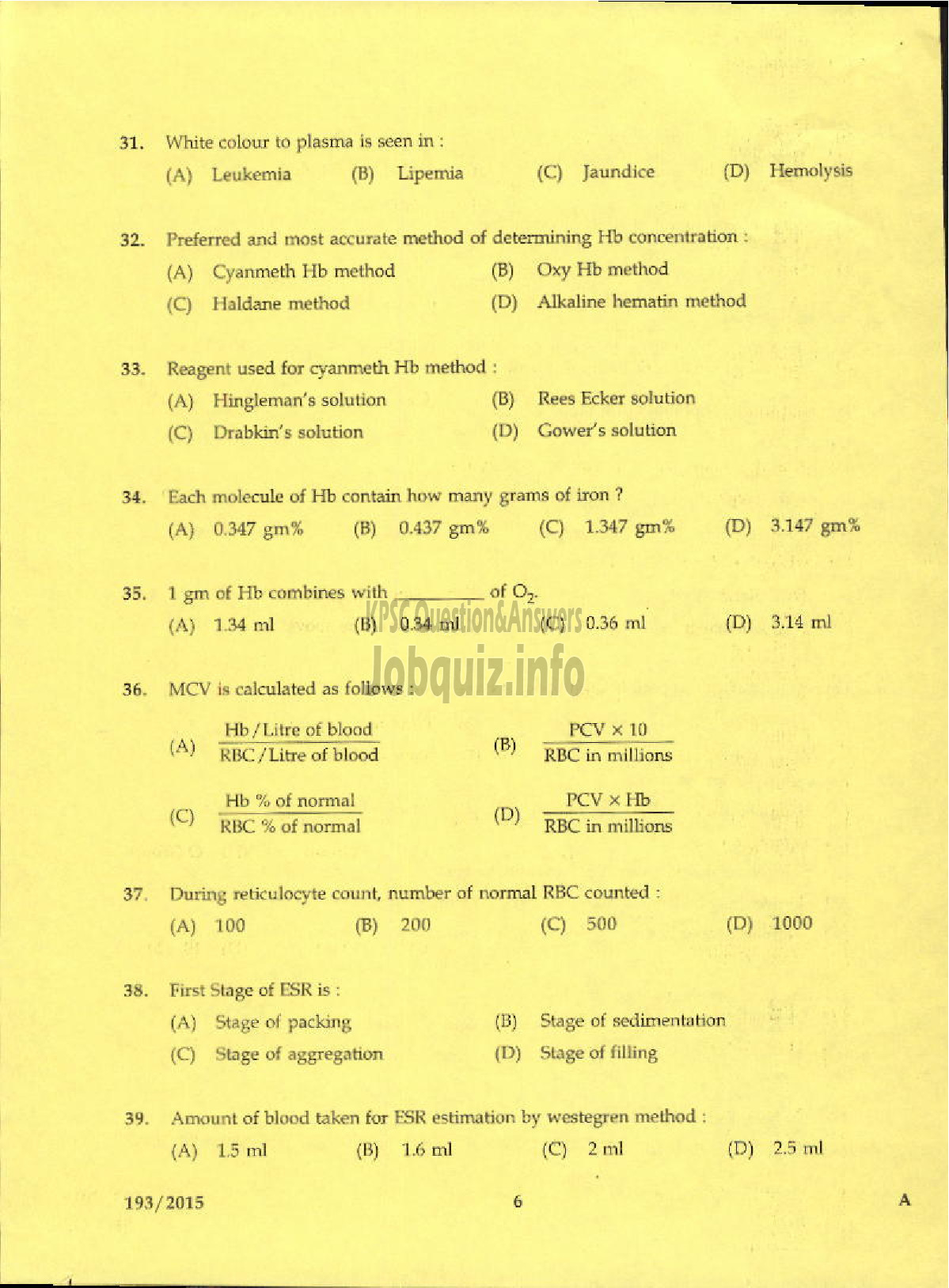 Kerala PSC Question Paper - LABORATORY TECHNICIAN GR II ISM-4