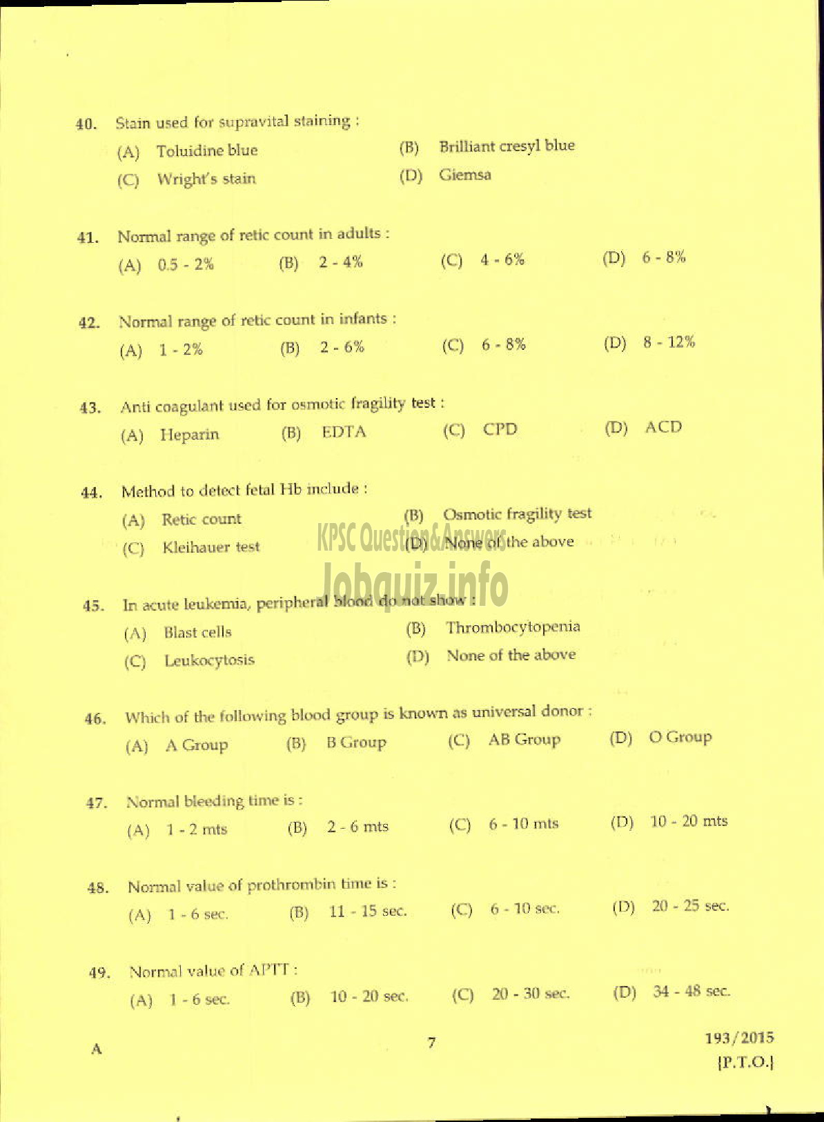 Kerala PSC Question Paper - LABORATORY TECHNICIAN GR II ISM-5