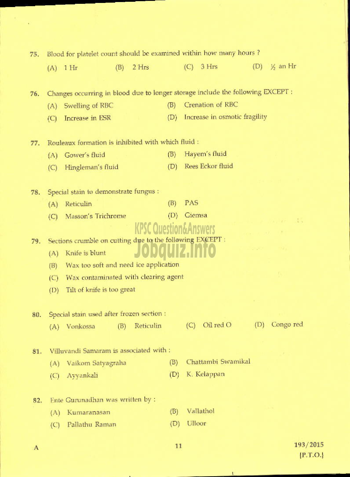 Kerala PSC Question Paper - LABORATORY TECHNICIAN GR II ISM-9