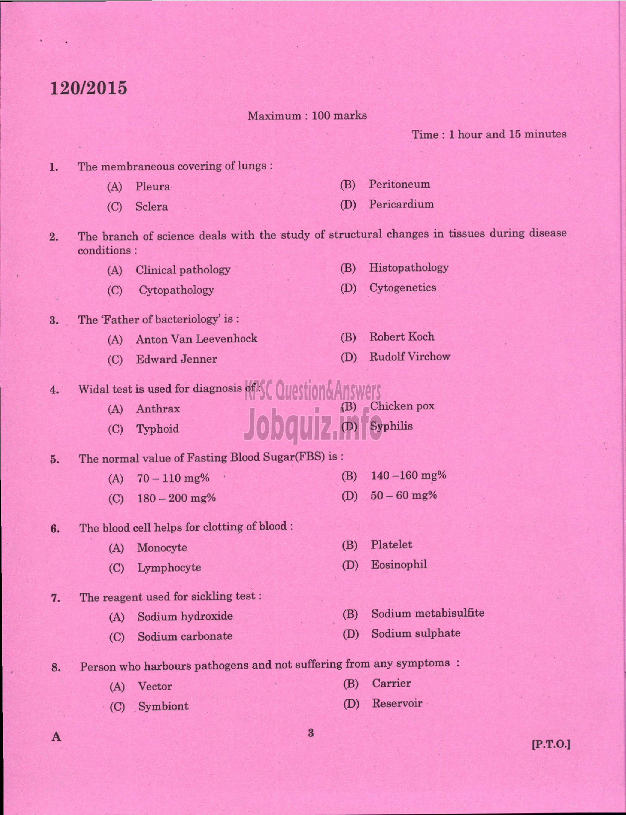 LABORATORY TECHNICIAN GR II/LABORATORY ASSISTANT GRADE II ANIMAL HUSBANDRY  : page 0 - Kerala PSC Question Paper