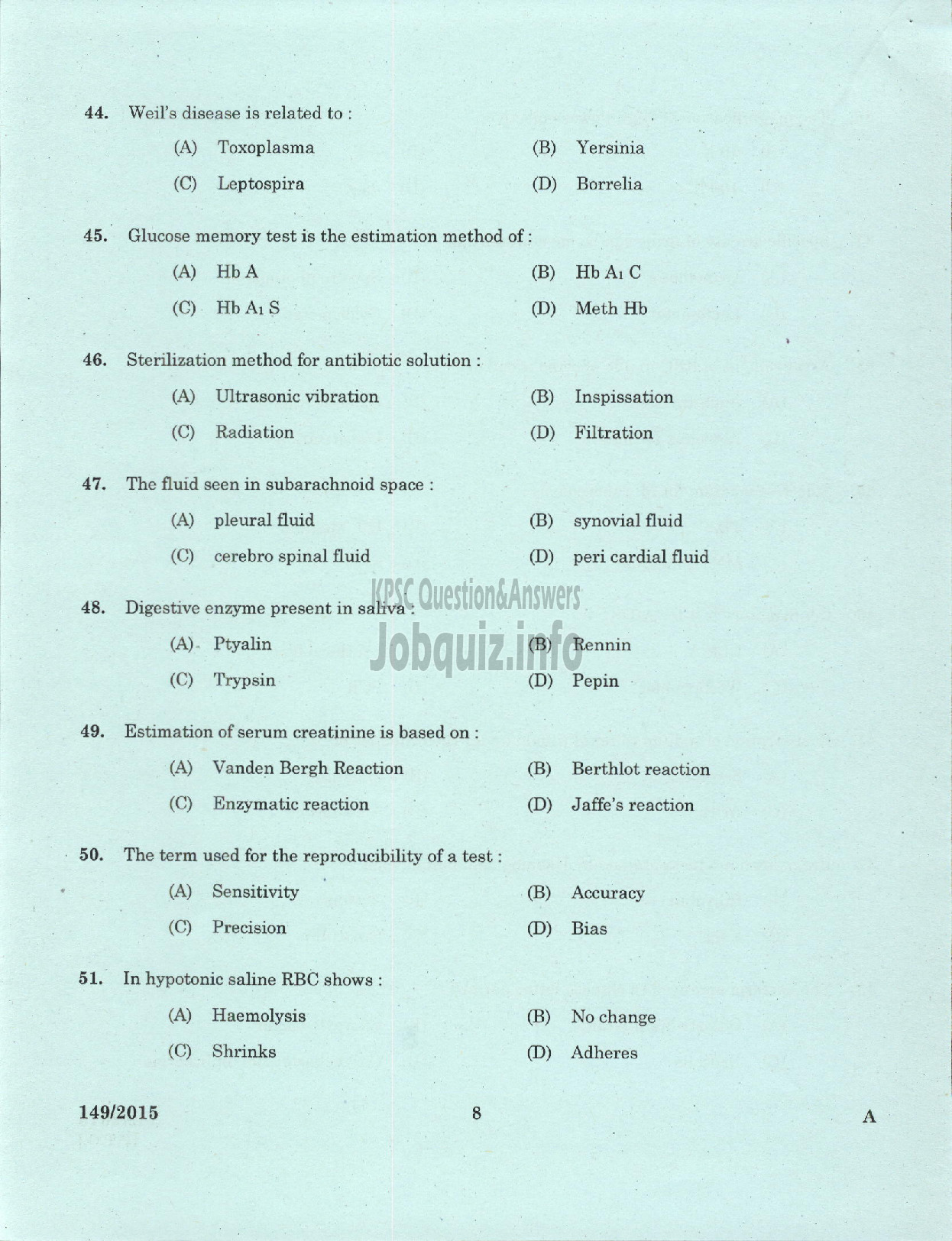 Kerala PSC Question Paper - LABORATORY TECHNICIAN GR II / LABORATORY ASST GR II ANIMAL HUSBANDRY-6