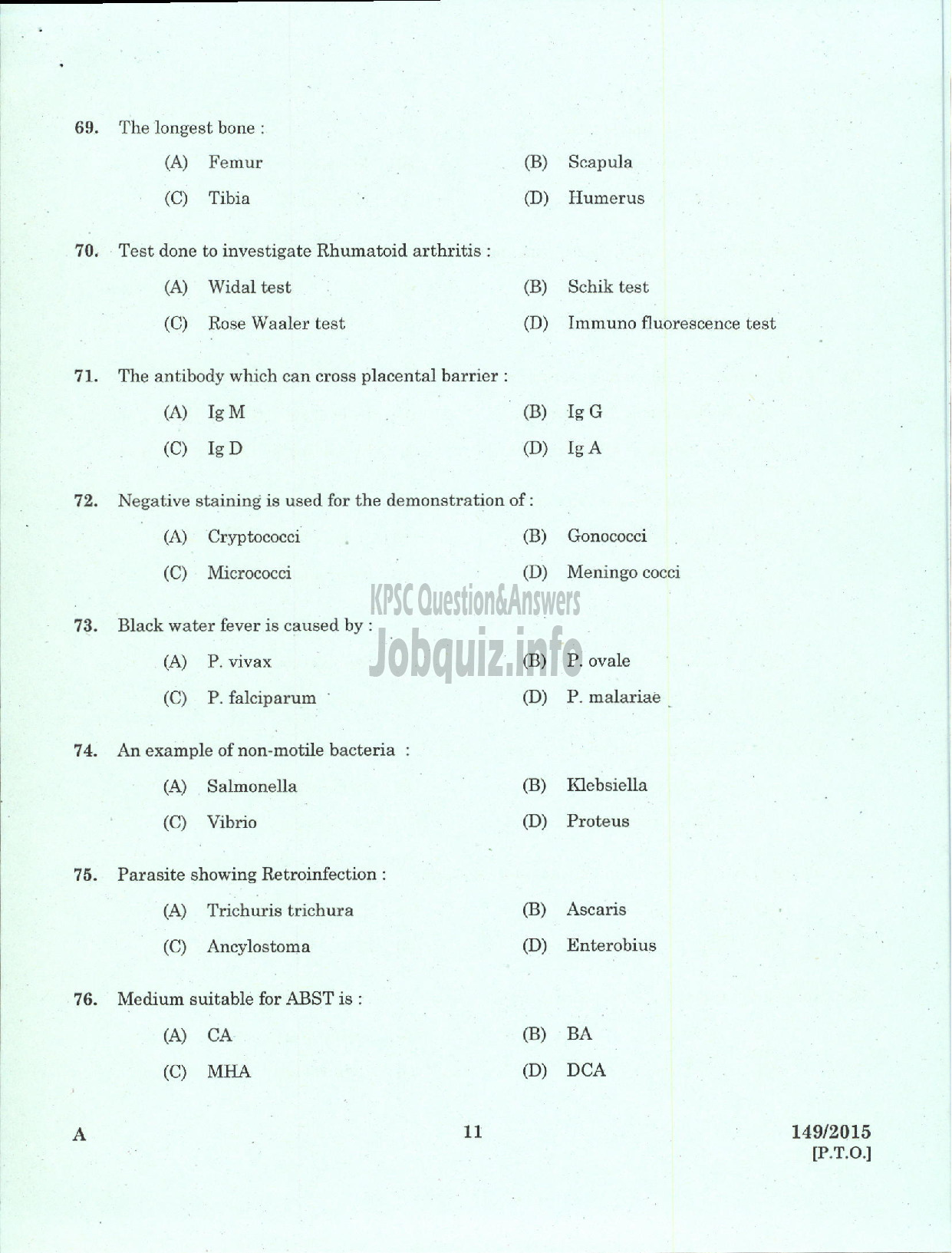 Kerala PSC Question Paper - LABORATORY TECHNICIAN GR II / LABORATORY ASST GR II ANIMAL HUSBANDRY-9