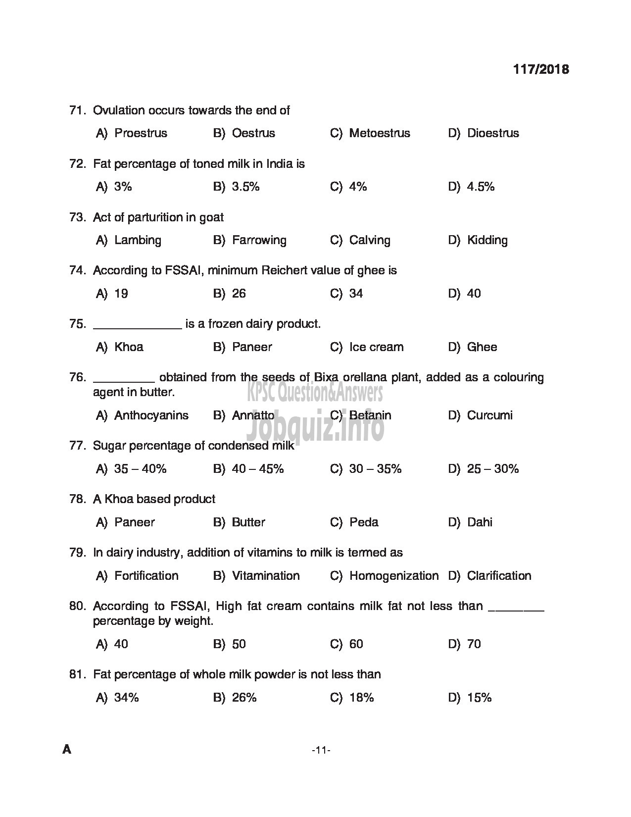 Kerala PSC Question Paper - LABORATORY TECHNICIAN KERALA DAIRY DEVELOPMENT-11