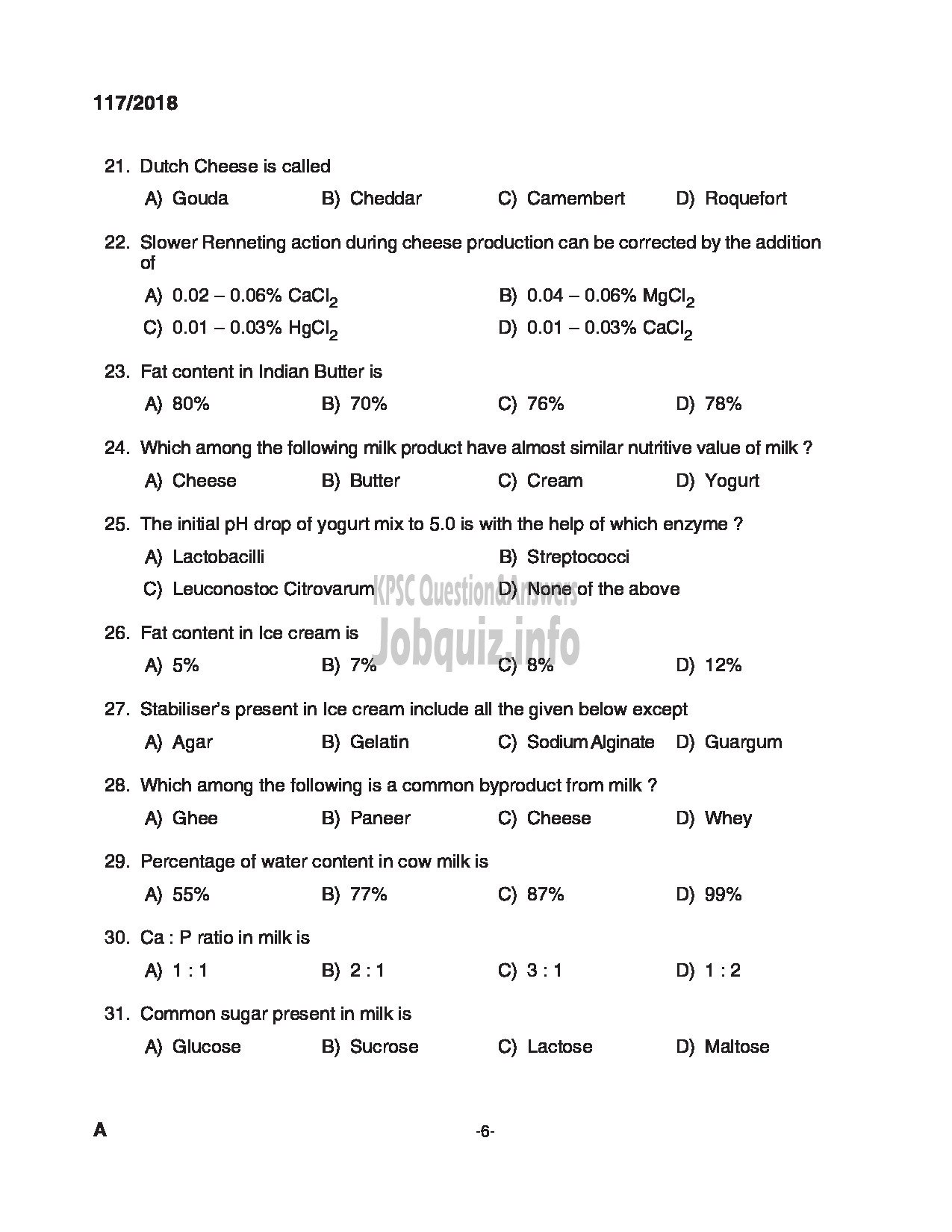 Kerala PSC Question Paper - LABORATORY TECHNICIAN KERALA DAIRY DEVELOPMENT-6