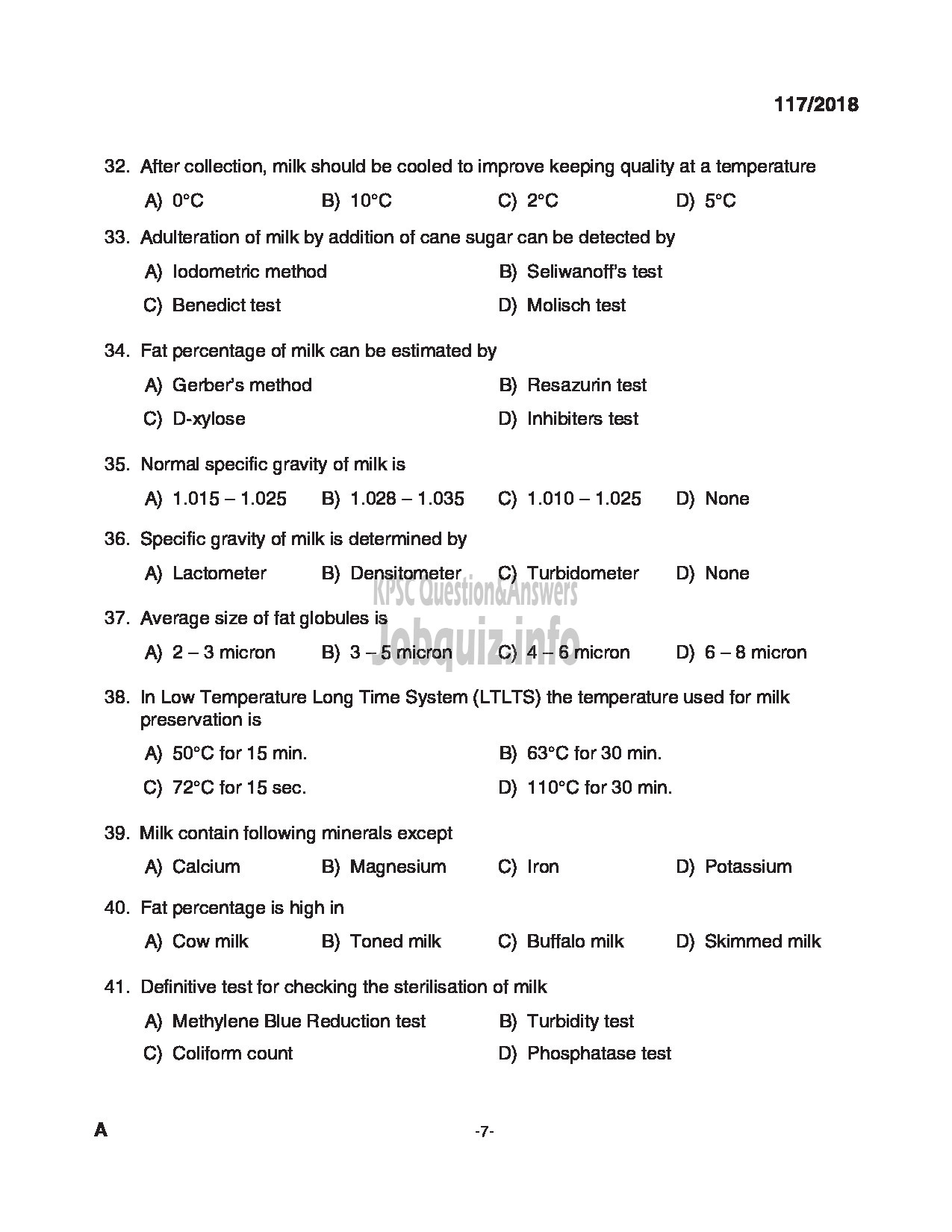 Kerala PSC Question Paper - LABORATORY TECHNICIAN KERALA DAIRY DEVELOPMENT-7