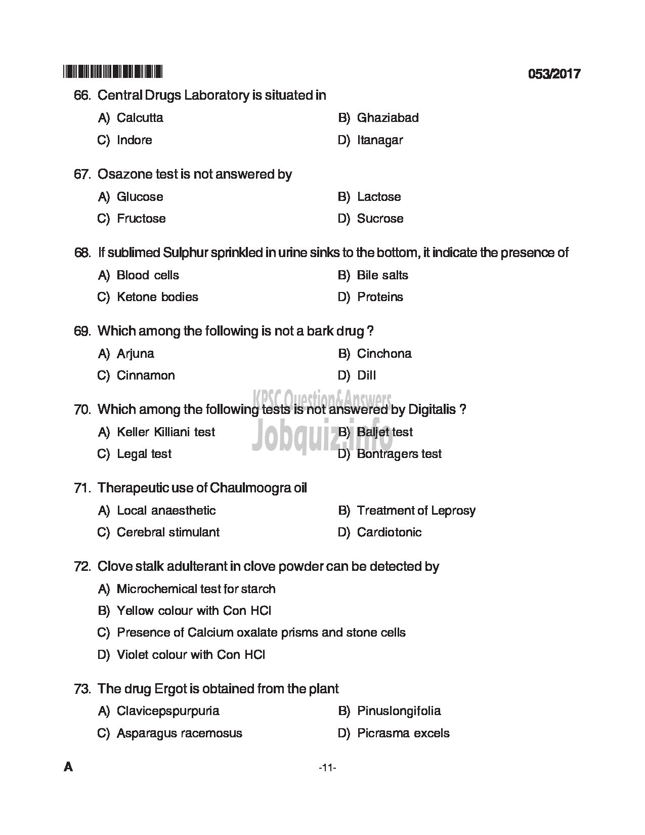 Kerala PSC Question Paper - LABORATORY TECHNICIAN PHARMACY MEDICAL EDUCATION DPT CAT NO.503/15 QUESTION PAPER-11