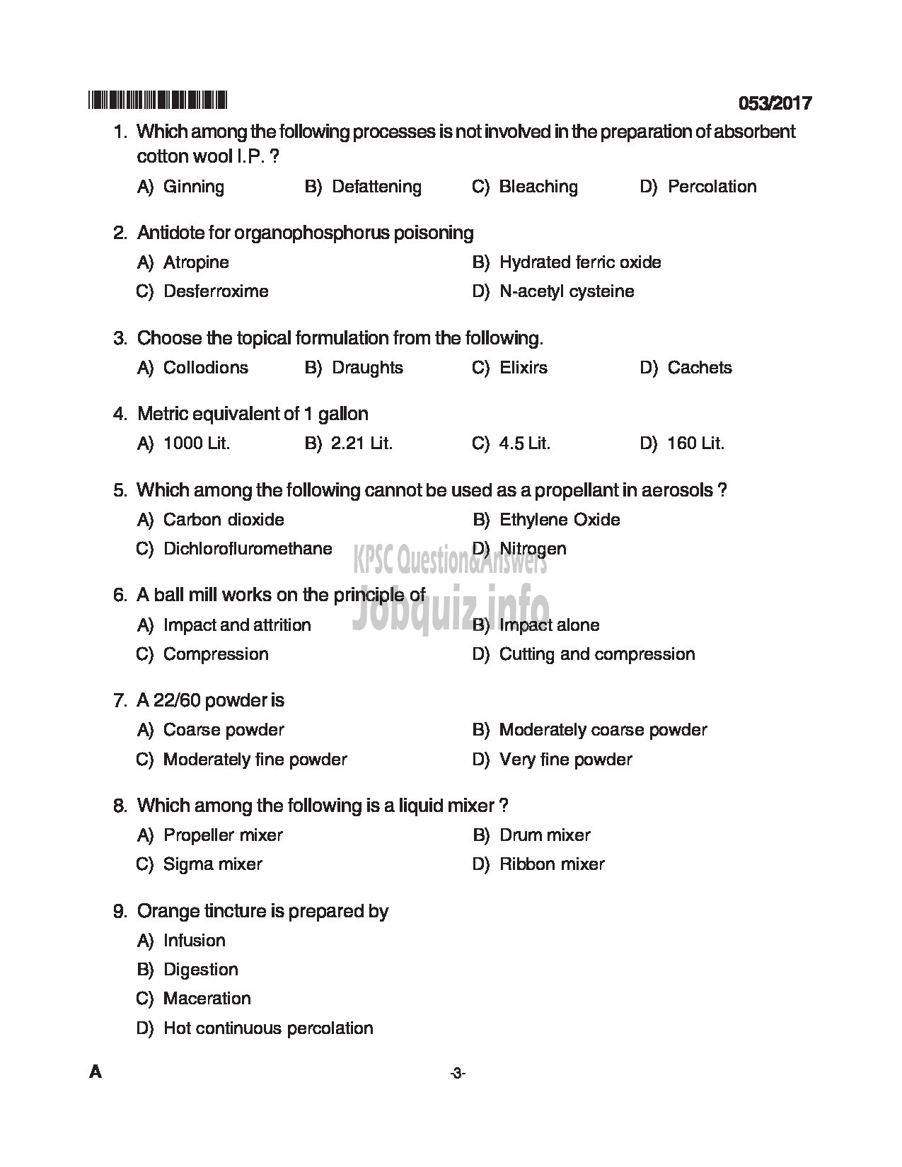 Kerala PSC Question Paper - LABORATORY TECHNICIAN PHARMACY MEDICAL EDUCATION DPT CAT NO.503/15 QUESTION PAPER-3