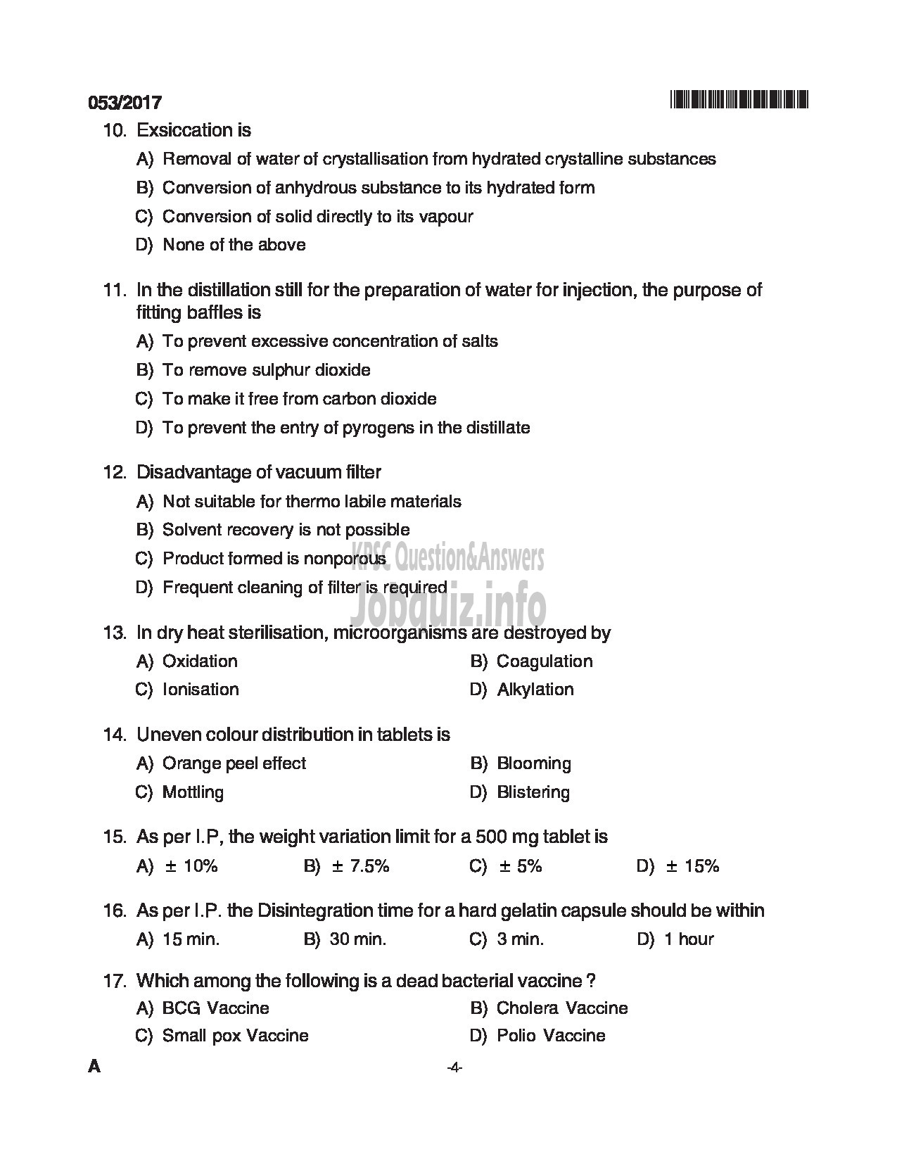 Kerala PSC Question Paper - LABORATORY TECHNICIAN PHARMACY MEDICAL EDUCATION DPT CAT NO.503/15 QUESTION PAPER-4