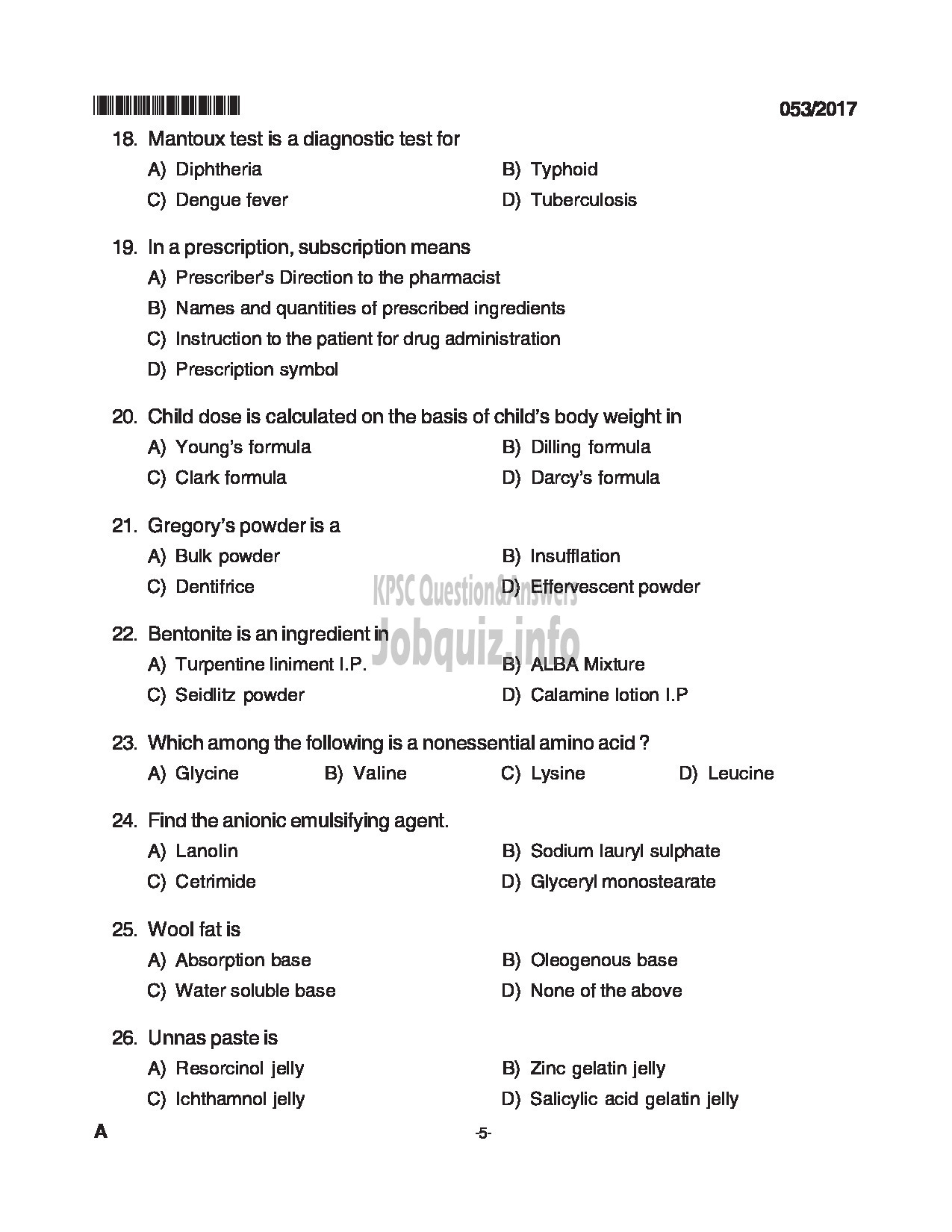 Kerala PSC Question Paper - LABORATORY TECHNICIAN PHARMACY MEDICAL EDUCATION DPT CAT NO.503/15 QUESTION PAPER-5