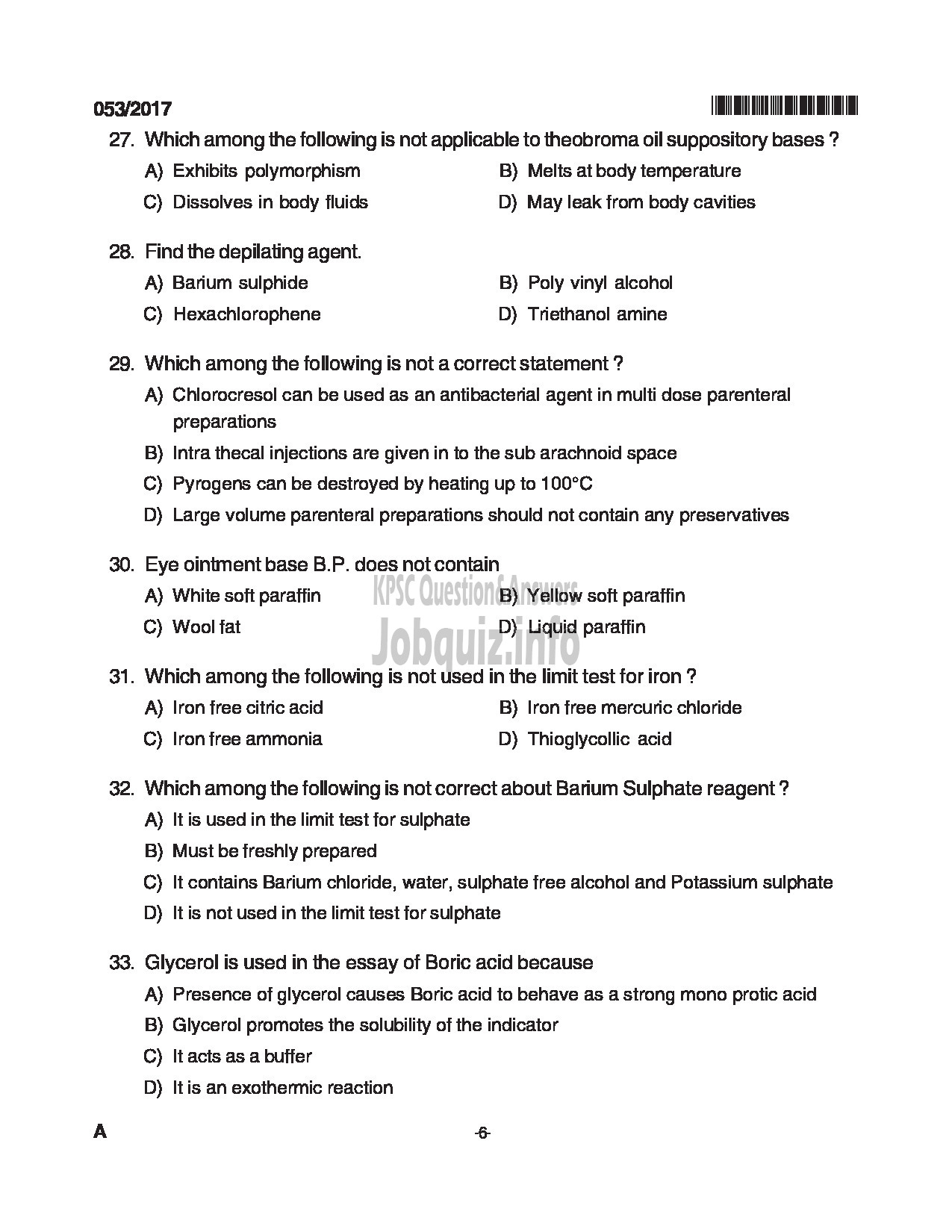 Kerala PSC Question Paper - LABORATORY TECHNICIAN PHARMACY MEDICAL EDUCATION DPT CAT NO.503/15 QUESTION PAPER-6