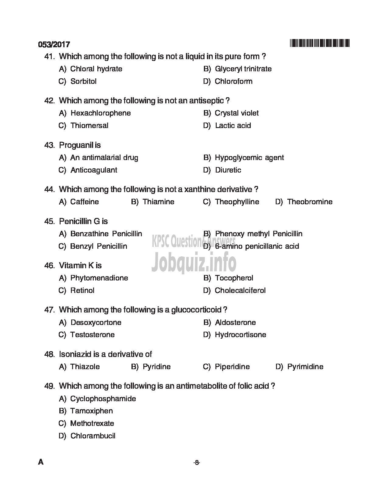 Kerala PSC Question Paper - LABORATORY TECHNICIAN PHARMACY MEDICAL EDUCATION DPT CAT NO.503/15 QUESTION PAPER-8