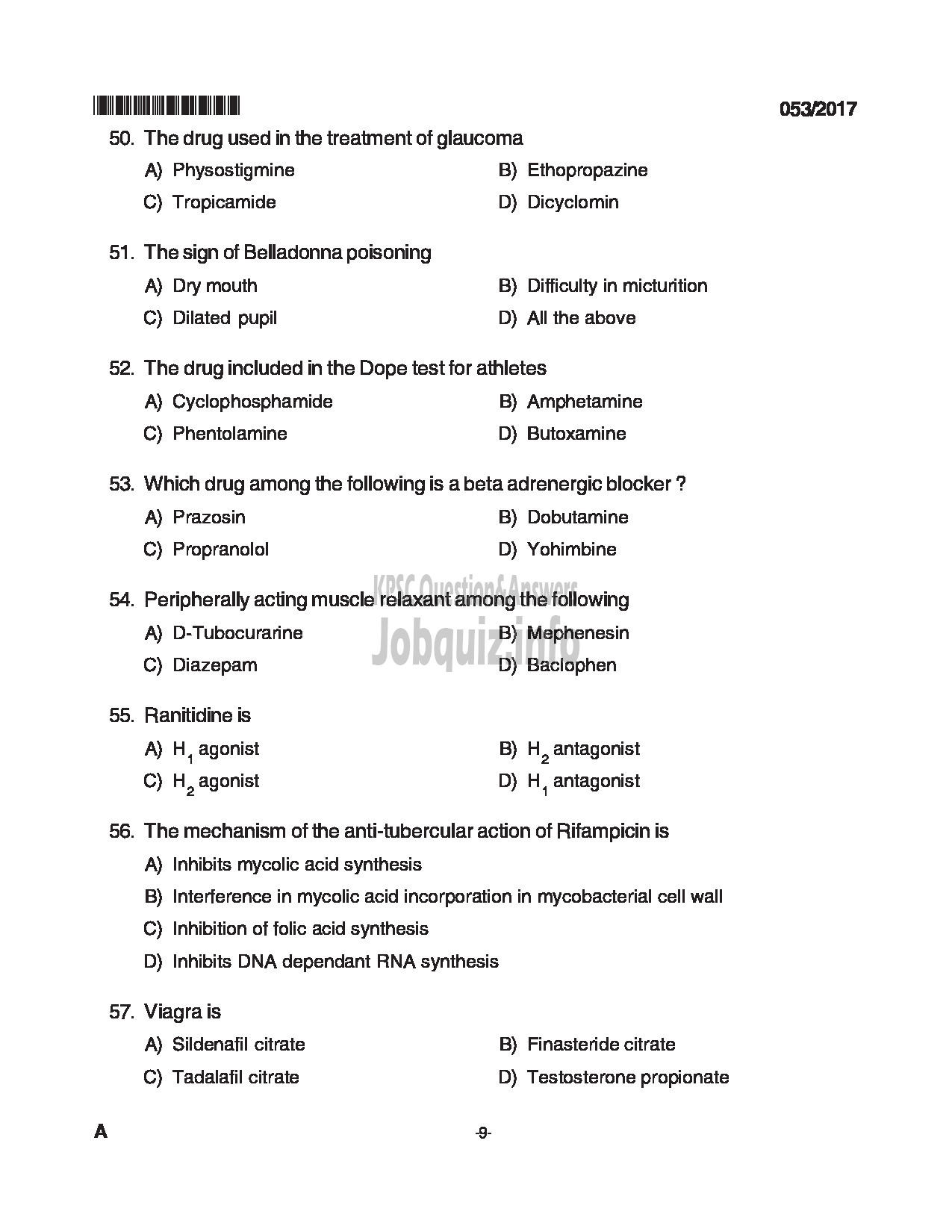 Kerala PSC Question Paper - LABORATORY TECHNICIAN PHARMACY MEDICAL EDUCATION DPT CAT NO.503/15 QUESTION PAPER-9