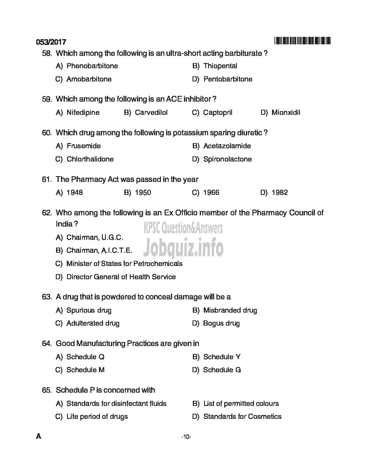 Kerala PSC Question Paper - LABORATORY TECHNICIAN PHARMACY MEDICAL EDUCATION DPT CAT NO.503/15 QUESTION PAPER-10