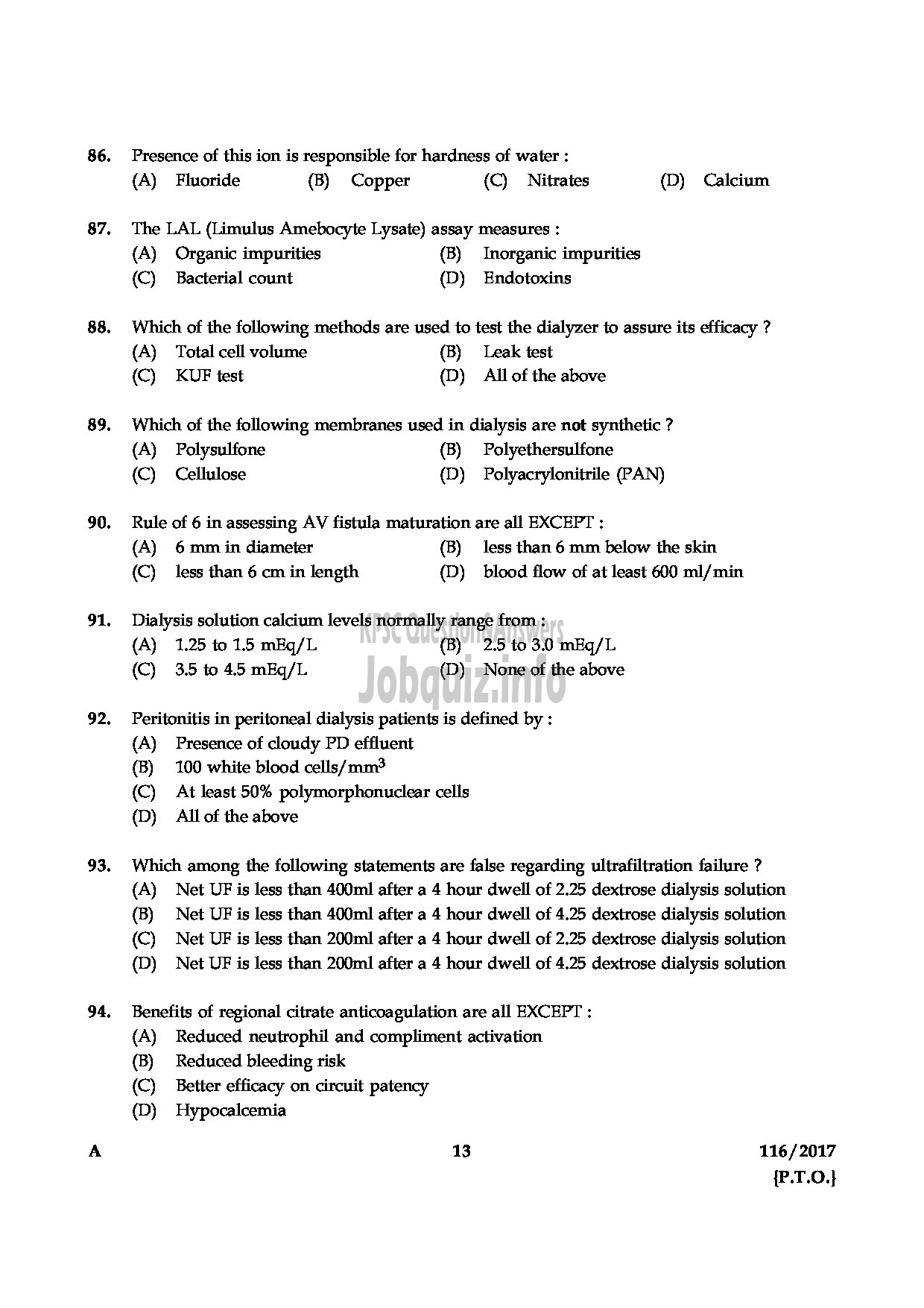 Kerala PSC Question Paper - LAB ASSISTANT DIALYSIS MEDICAL EDUCATION-13