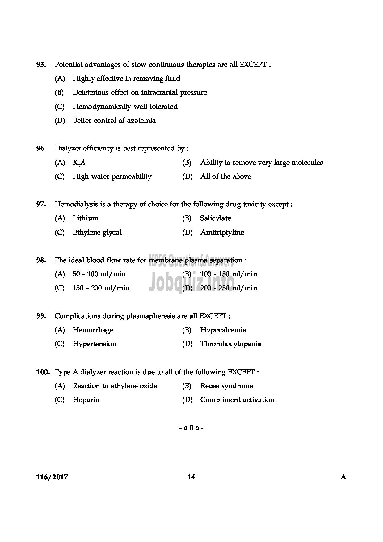 Kerala PSC Question Paper - LAB ASSISTANT DIALYSIS MEDICAL EDUCATION-14