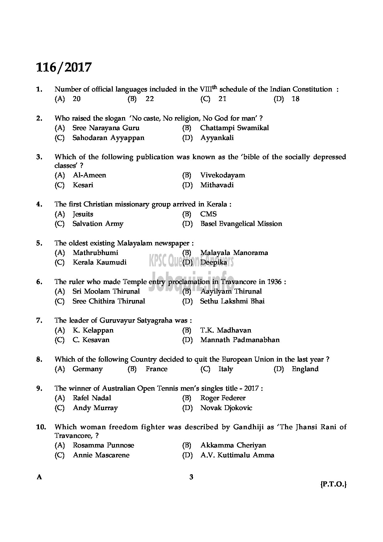 Kerala PSC Question Paper - LAB ASSISTANT DIALYSIS MEDICAL EDUCATION-3