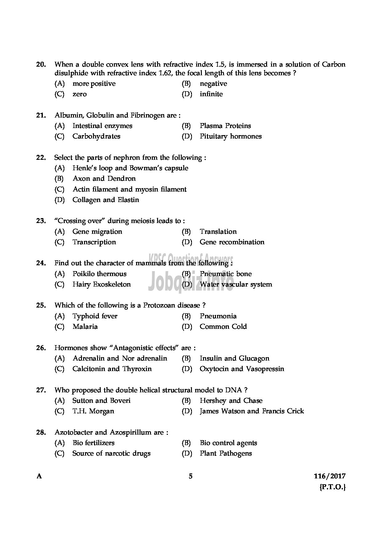 Kerala PSC Question Paper - LAB ASSISTANT DIALYSIS MEDICAL EDUCATION-5