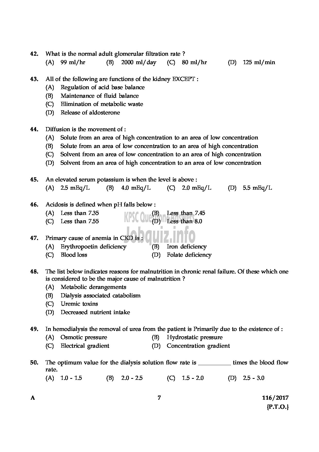 Kerala PSC Question Paper - LAB ASSISTANT DIALYSIS MEDICAL EDUCATION-7