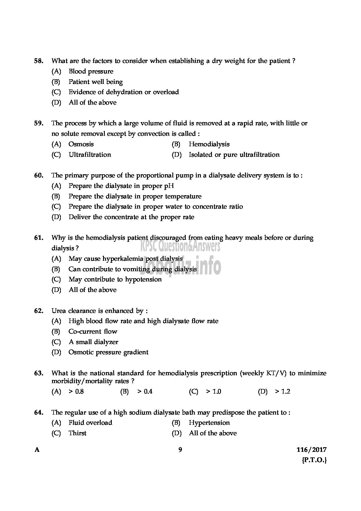 Kerala PSC Question Paper - LAB ASSISTANT DIALYSIS MEDICAL EDUCATION-9