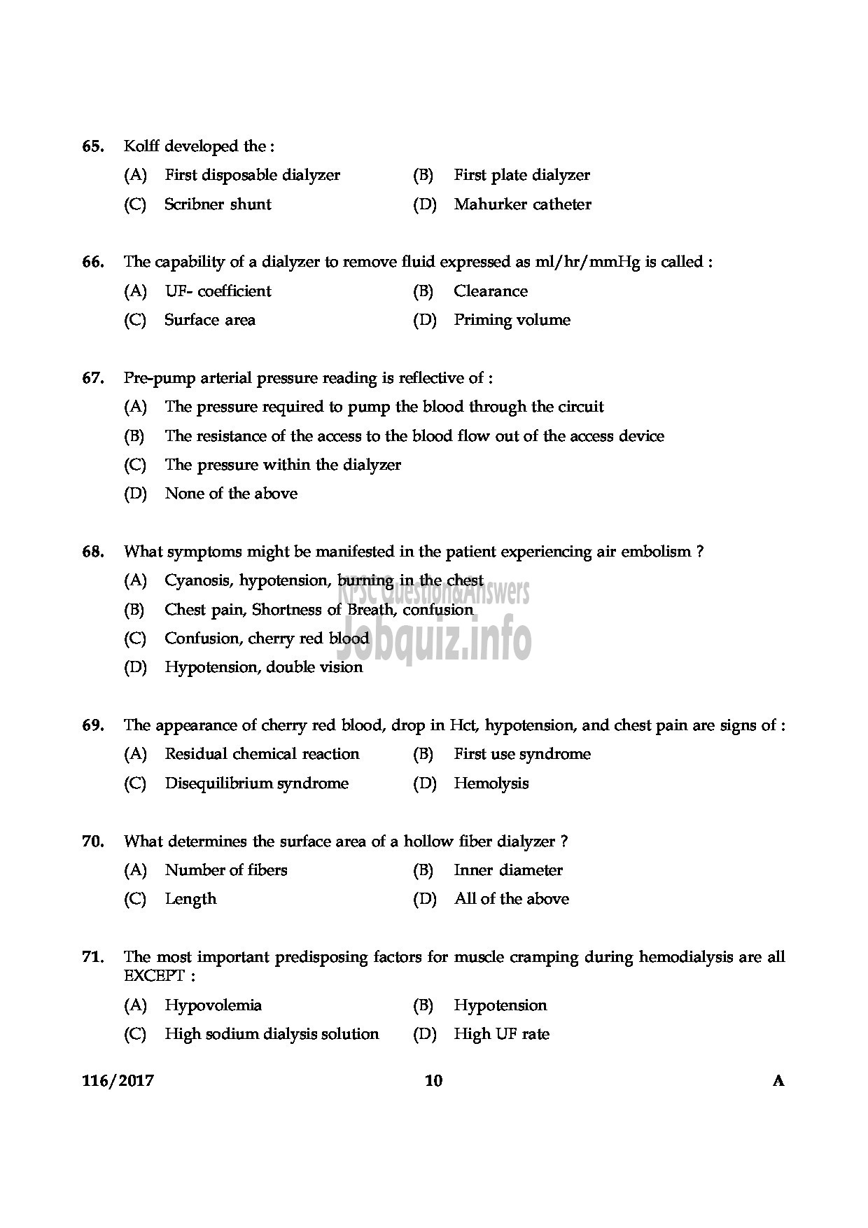 Kerala PSC Question Paper - LAB ASSISTANT DIALYSIS MEDICAL EDUCATION-10