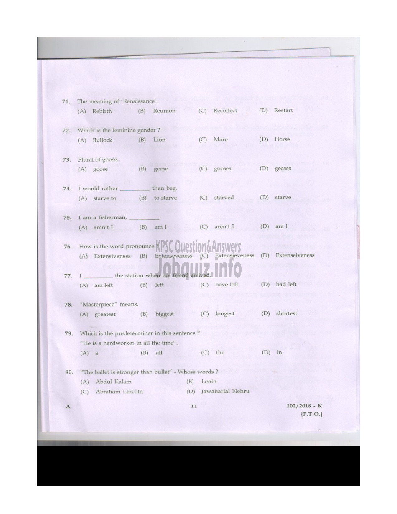 Kerala PSC Question Paper - LAB ASSISTANT HIGHER SECONDARY EDUCATION THRISSUR / WAYANAD / ALAPPUZHA / IDUKKI / MALAPPURAM DISTRICTS ENGLISH / KANNADA-10