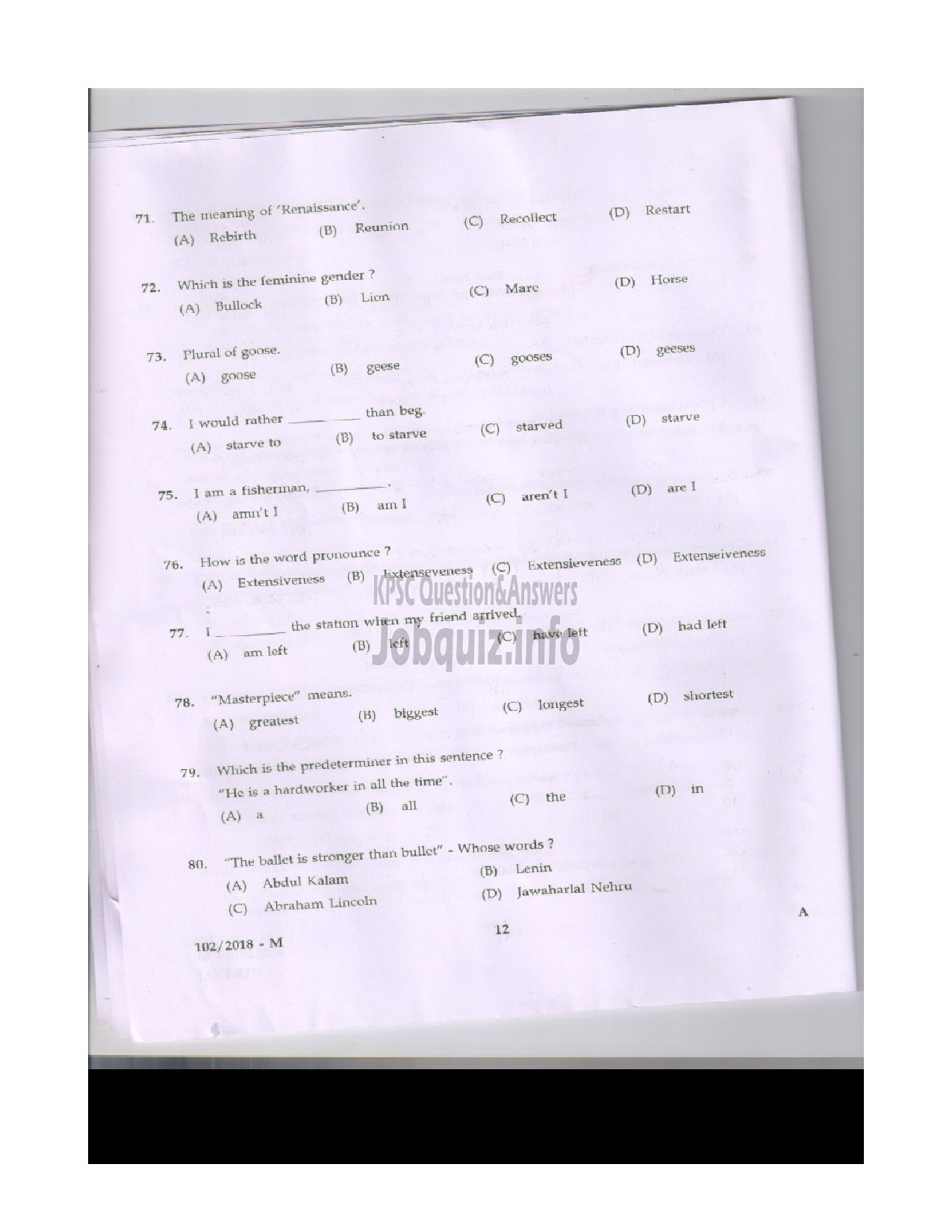 Kerala PSC Question Paper - LAB ASSISTANT HIGHER SECONDARY EDUCATION THRISSUR / WAYANAD / ALAPPUZHA / IDUKKI / MALAPPURAM DISTRICTS ENGLISH / MALAYALAM-11