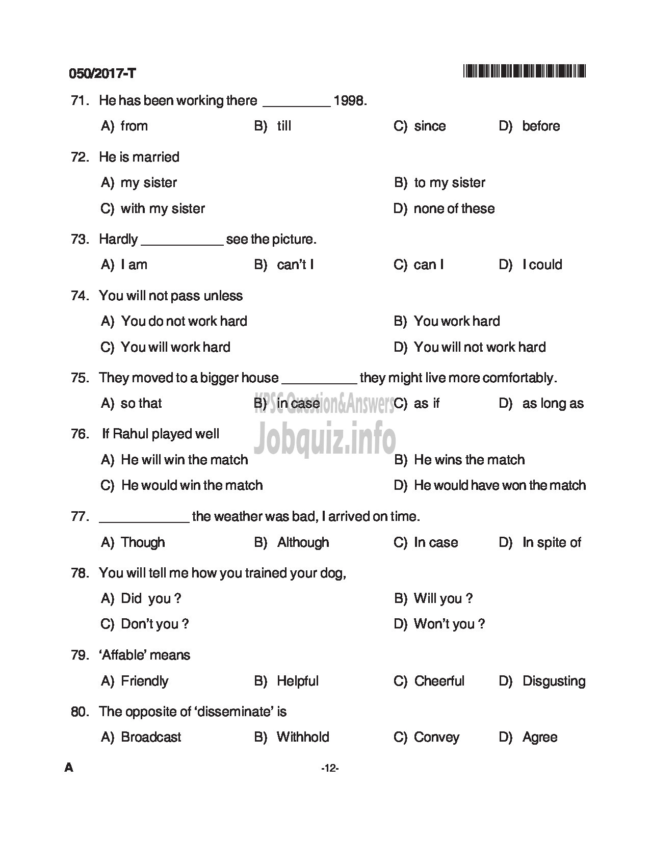 Kerala PSC Question Paper - LDC SR FOR SC/ST, SR FROM DIFFERENTLY ABLED CANDIDATES CAT.NO 122/16, 413/16 QUESTION PAPER(TAMIL)-12