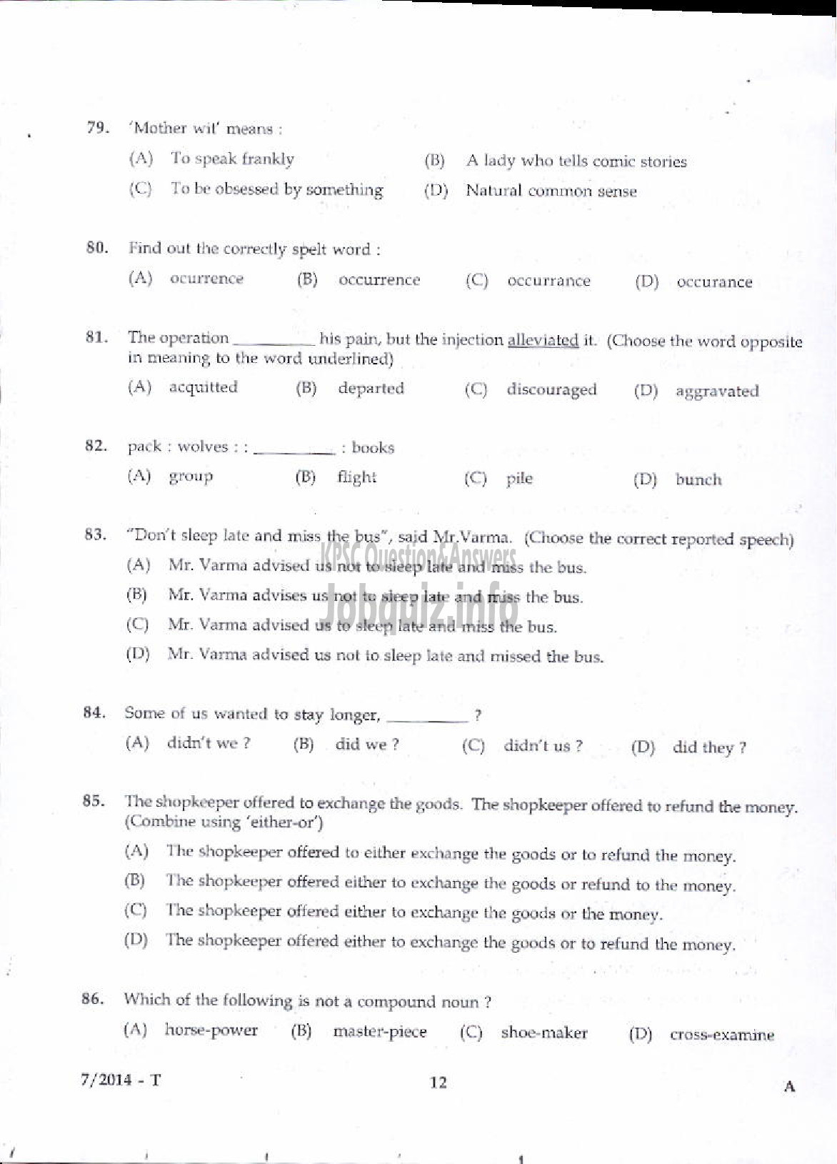 Kerala PSC Question Paper - LDC VARIOUS 2014 KOZHIKODE ( Tamil )-10